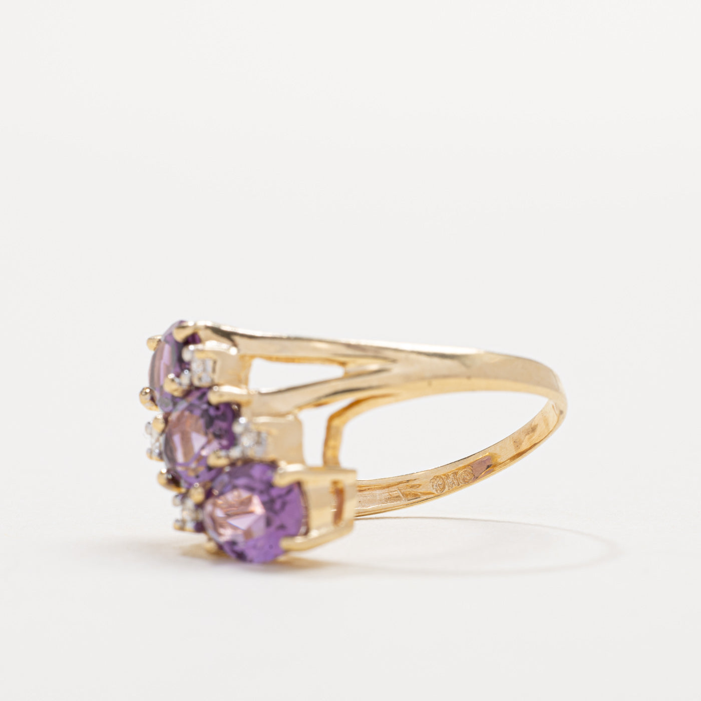 14K Three Stone East West Amethyst & Diamond Ring | SZ 5.5