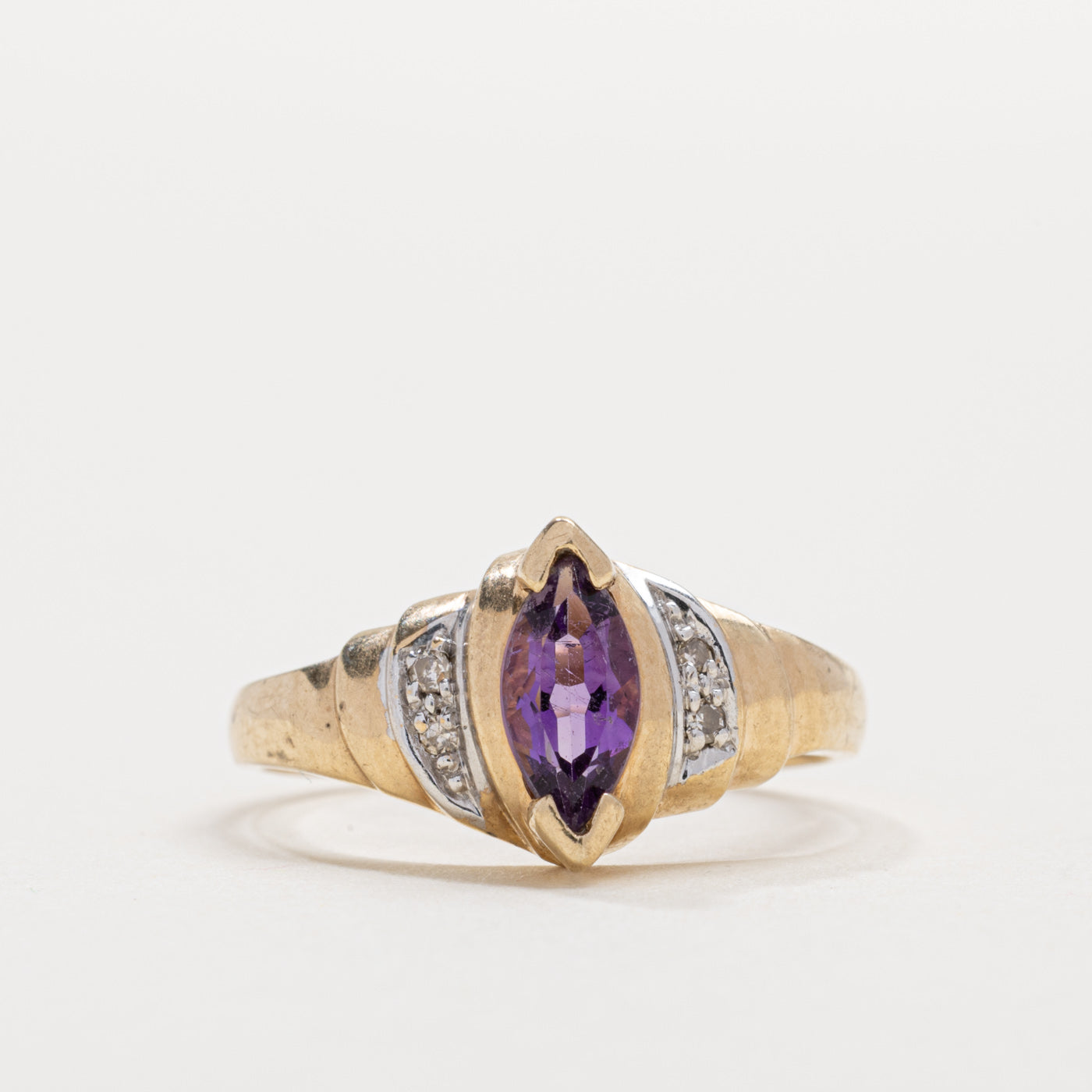 10K Marquise Cut Amethyst & Diamond Grooved Ring | SZ 6.5