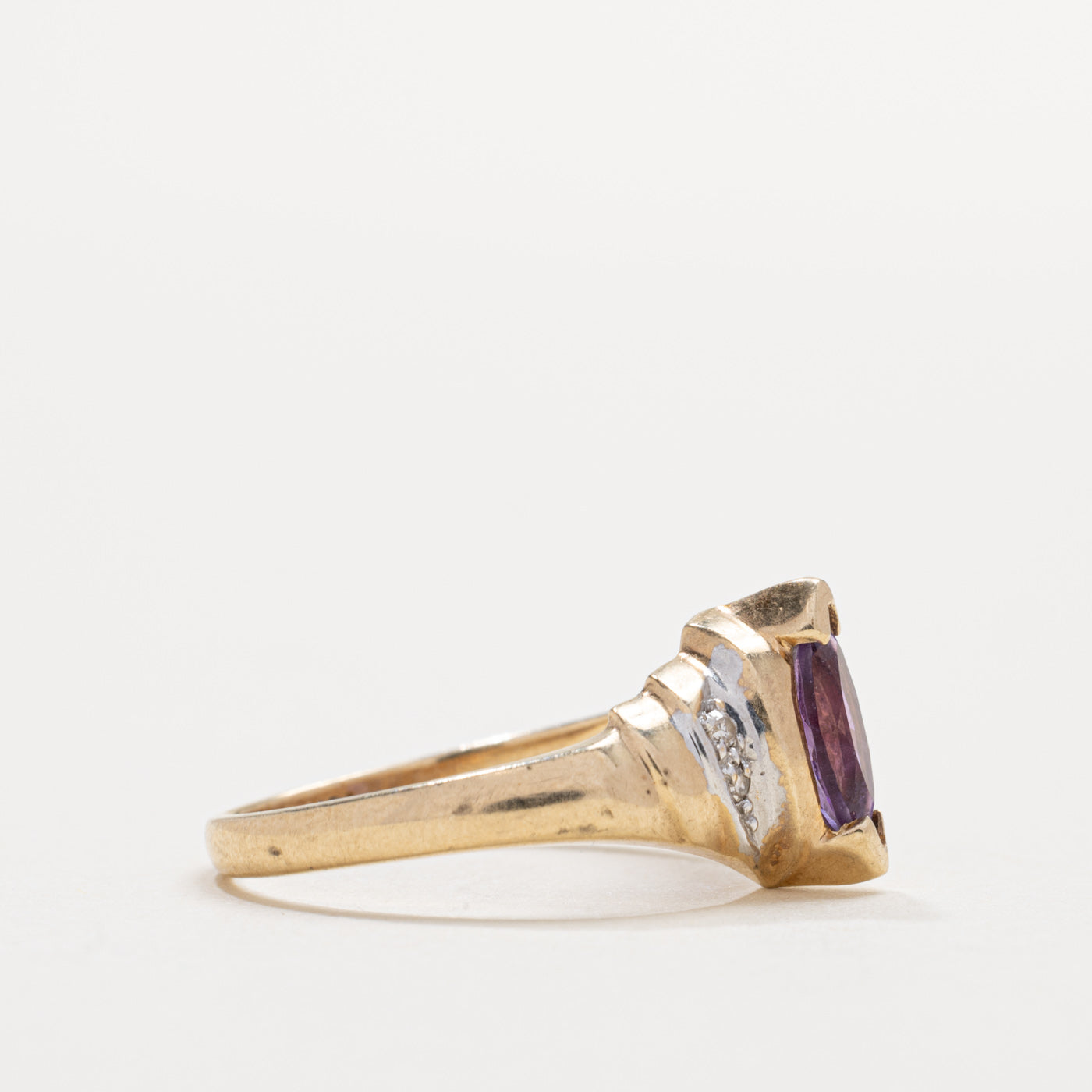 10K Marquise Cut Amethyst & Diamond Grooved Ring | SZ 6.5
