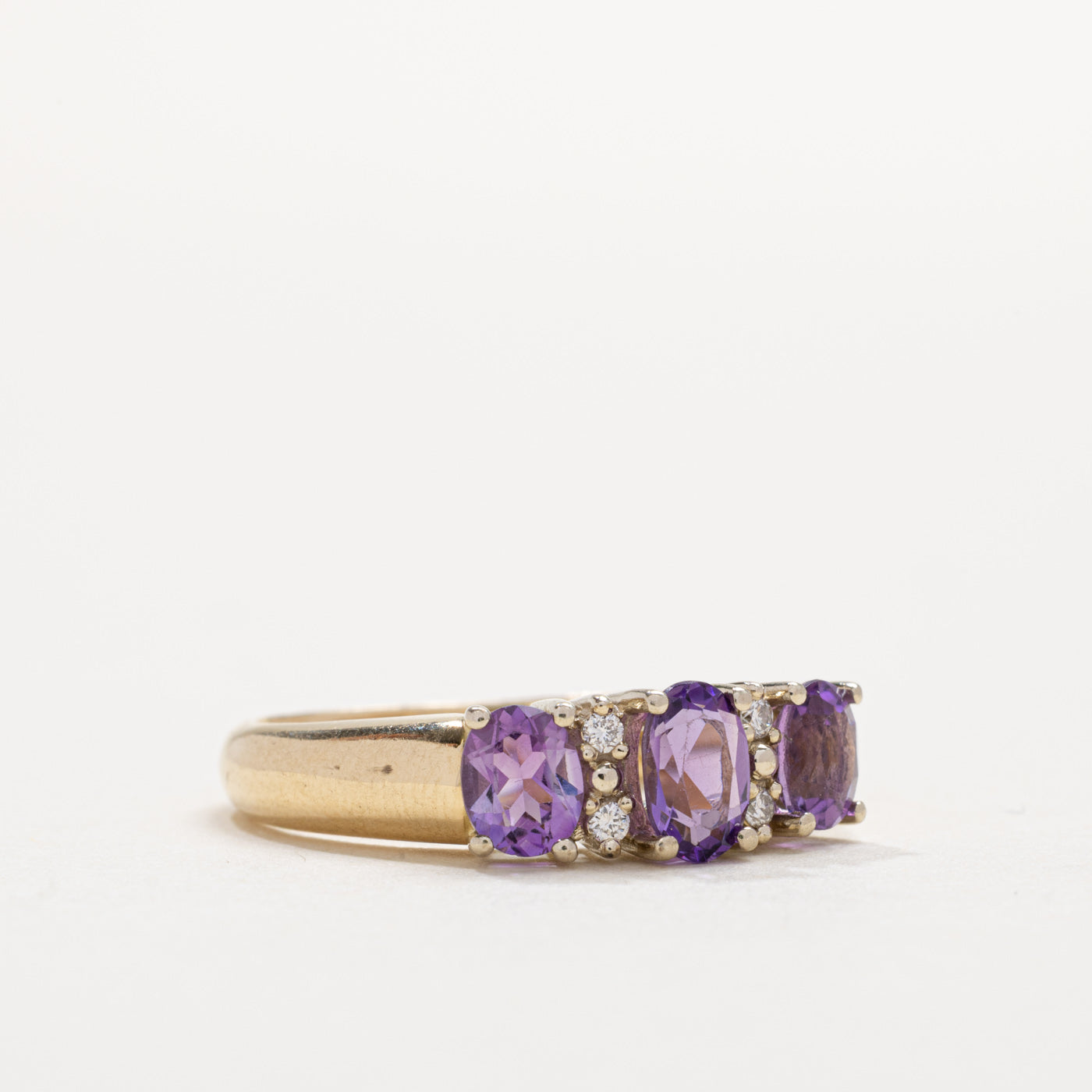 'Birks' Three Stone Amethyst & Diamond Accented Ring | SZ 6.5