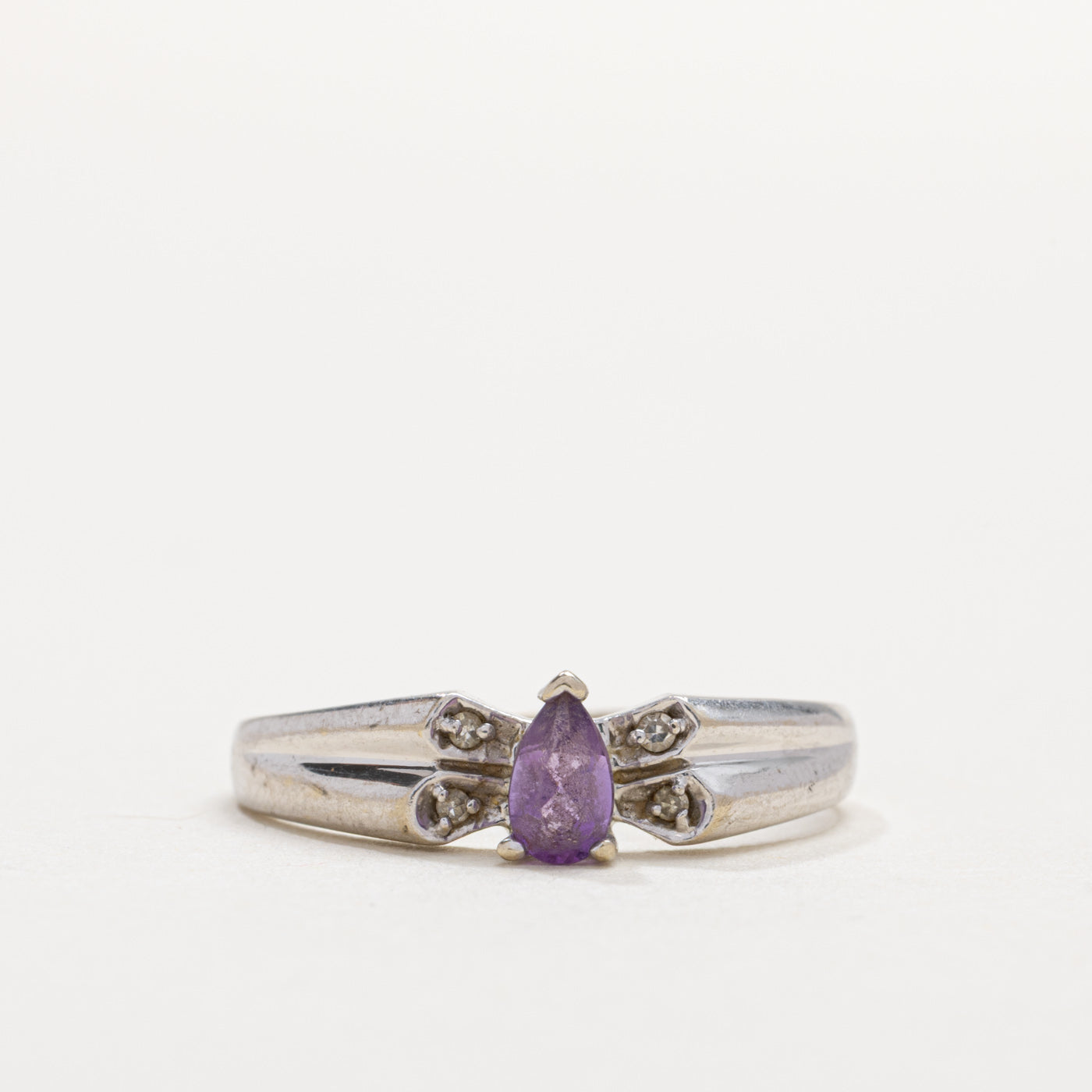 10K Pear Cut Amethyst & Diamond Grooved Ring | SZ 6.0