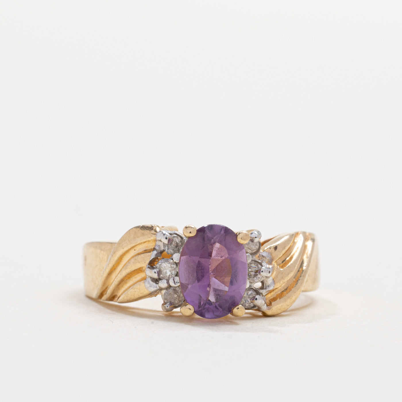 14K Amethyst & Diamond Accented Grooved Ring | SZ 6.0