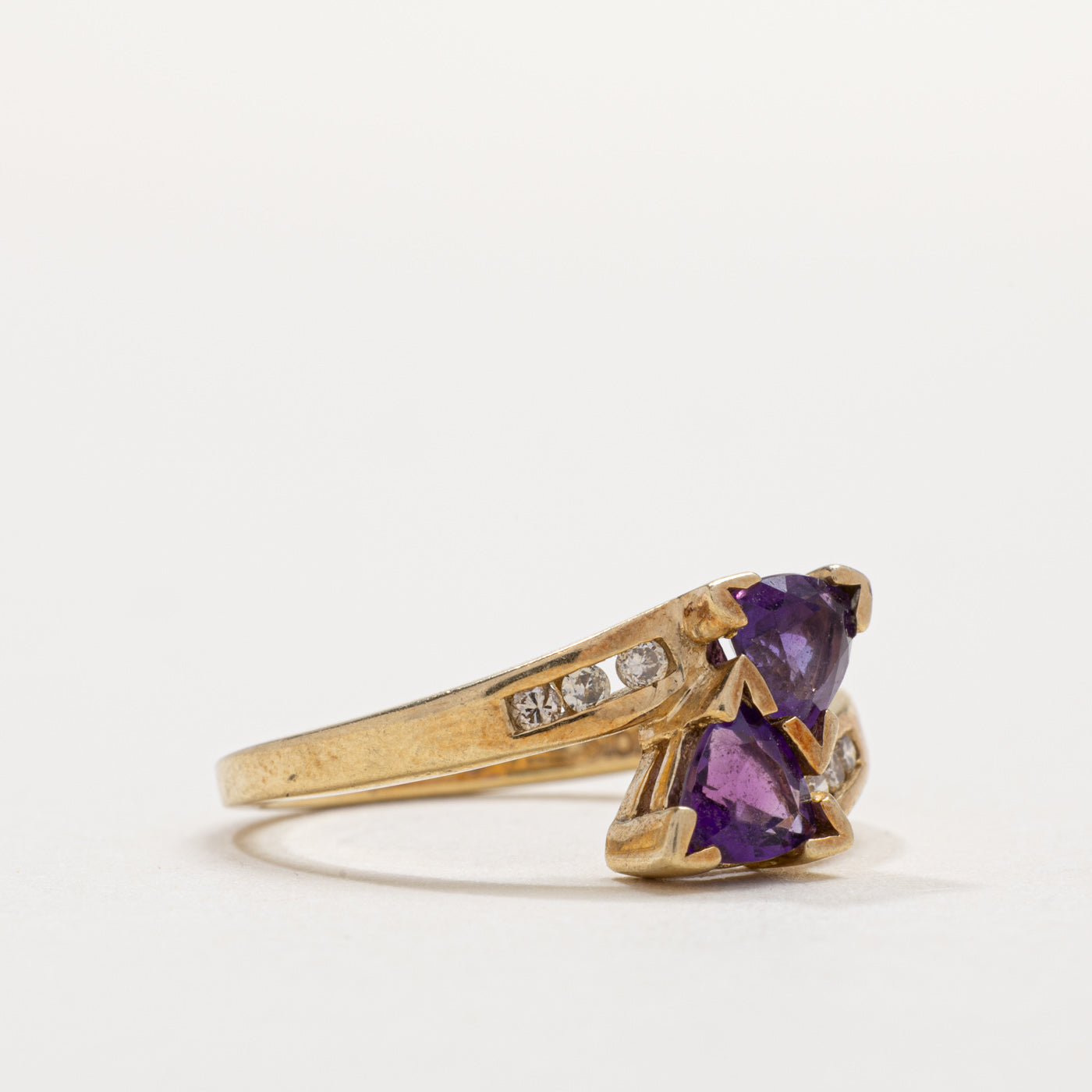 10K Two Stone Trillion Cut Amethyst & Diamond Bypass Ring | SZ 7.0