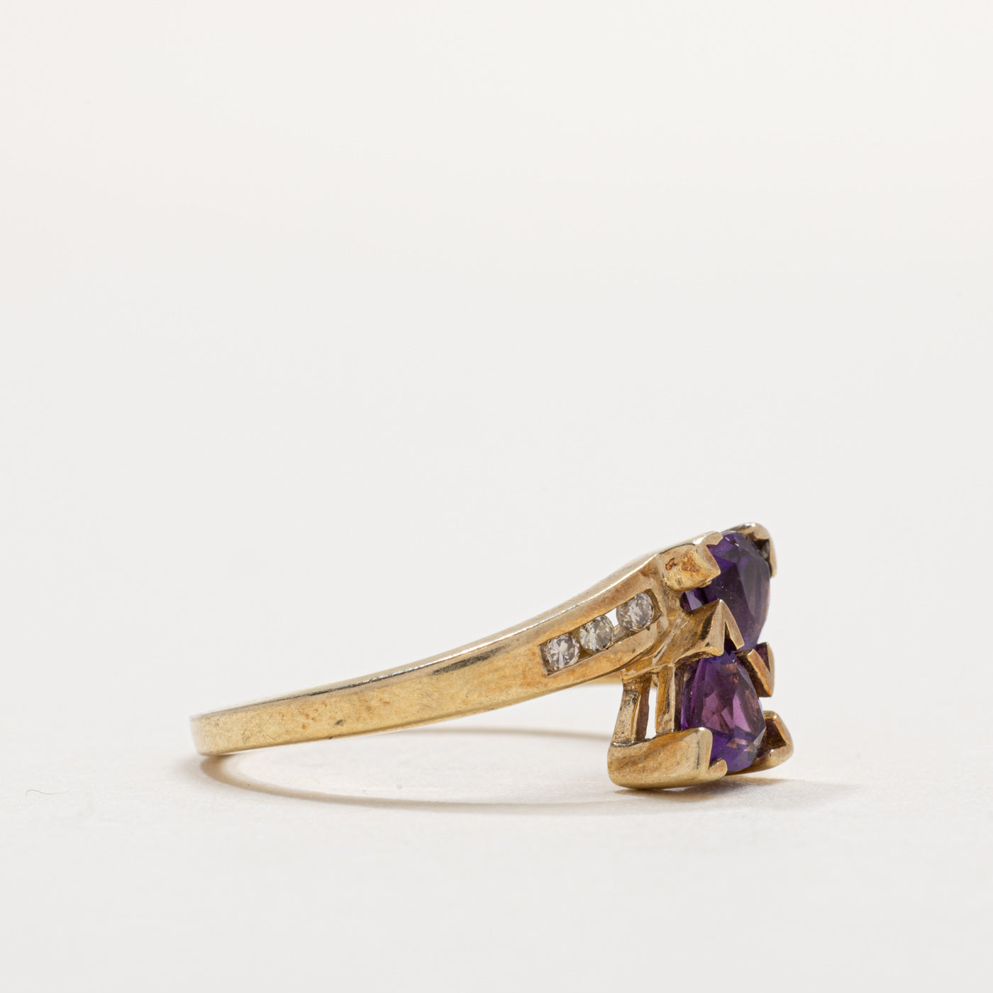 10K Two Stone Trillion Cut Amethyst & Diamond Bypass Ring | SZ 7.0
