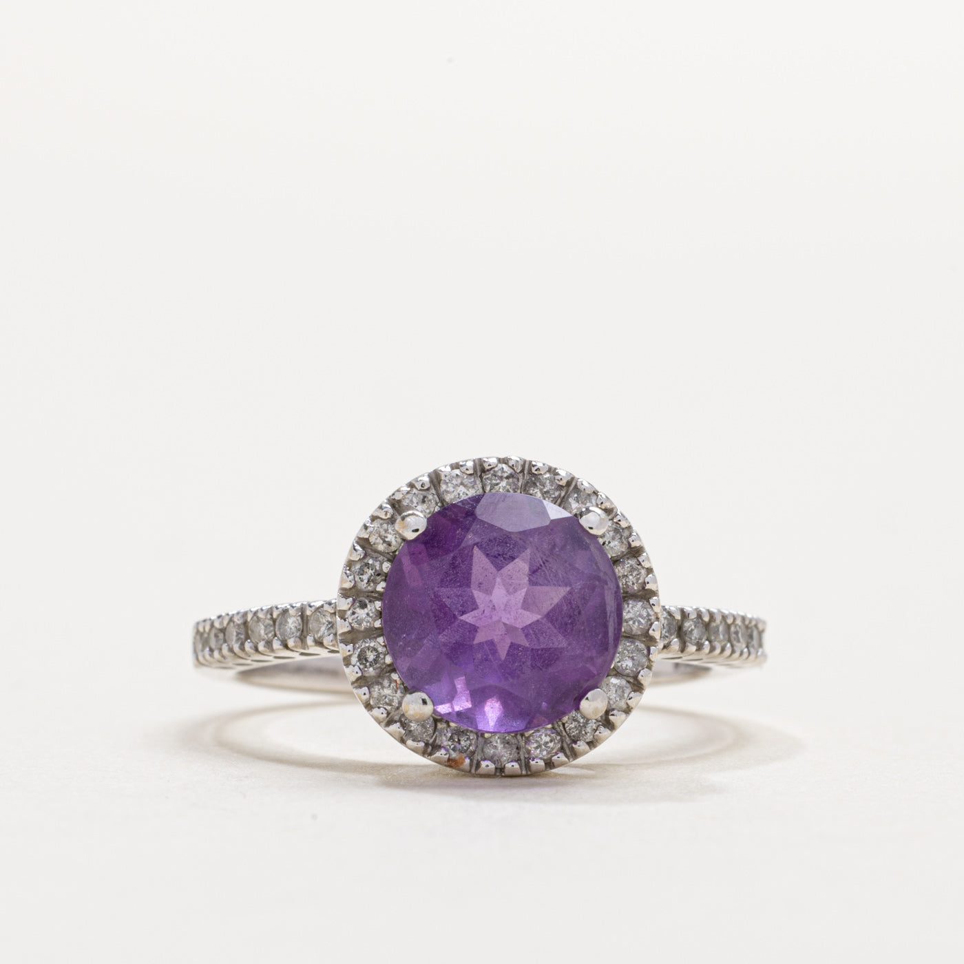10K Round Cut Amethyst & Diamond Halo Ring | SZ 6.0