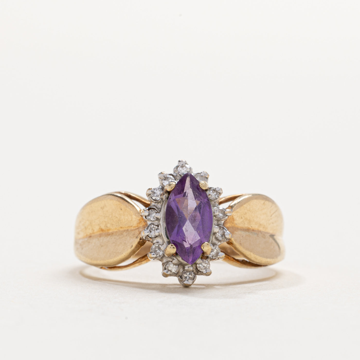10K Marquise Cut Amethyst & Diamond Petal Halo Ring | SZ 5.75