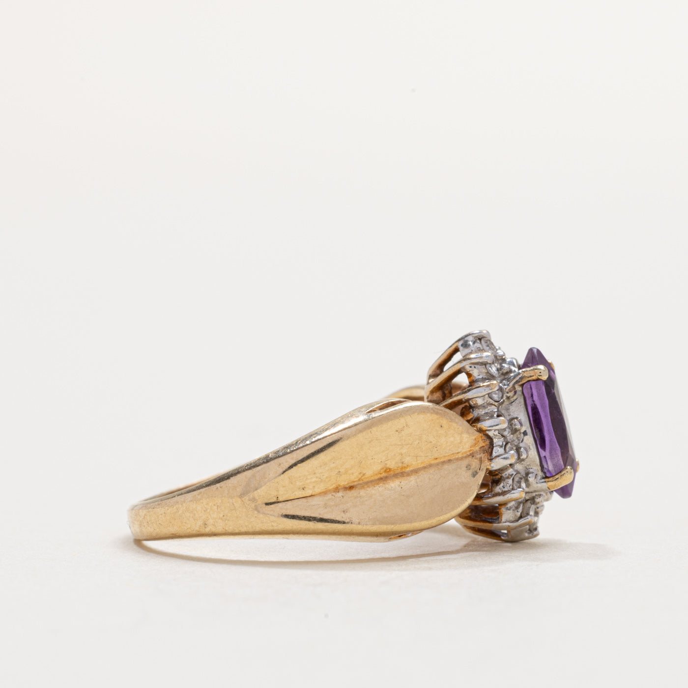 10K Marquise Cut Amethyst & Diamond Petal Halo Ring | SZ 5.75