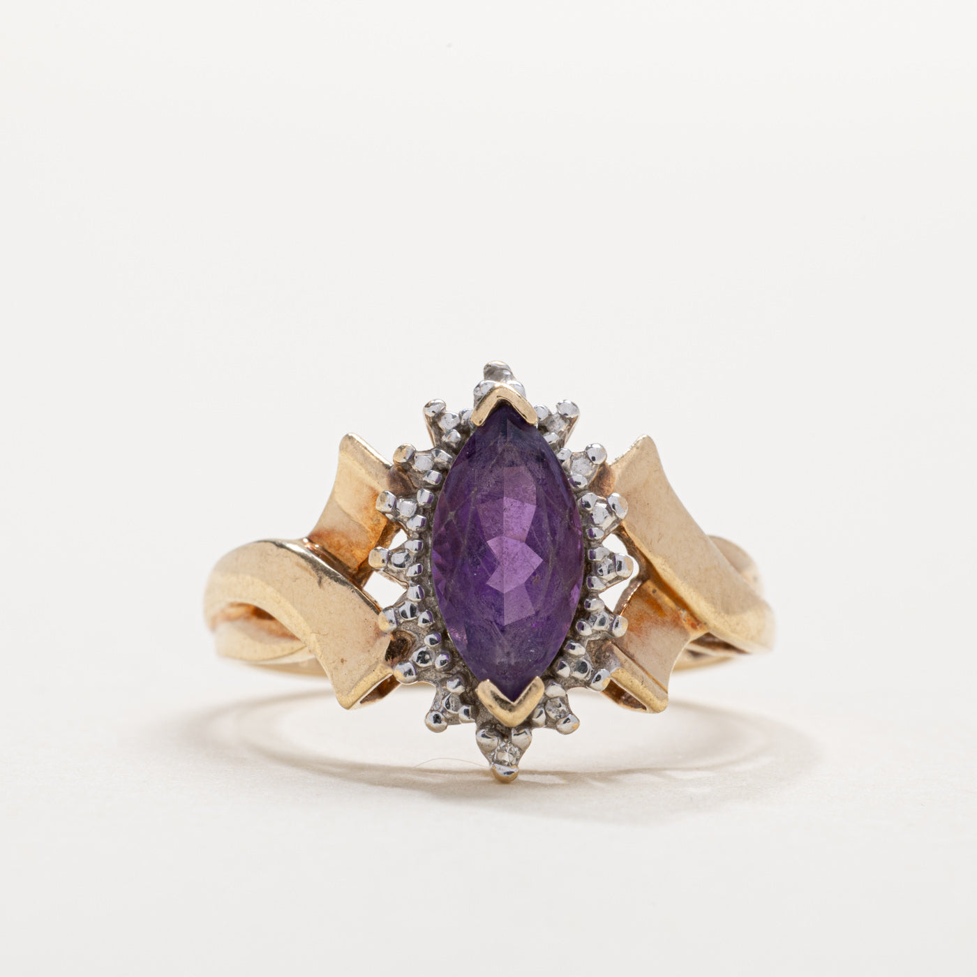 10K Marquise Cut Amethyst & Diamond Petal Halo Ring | SZ 7.0