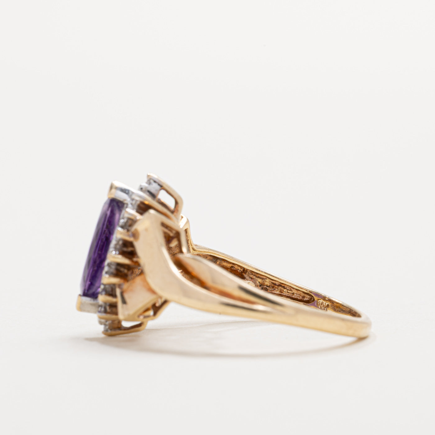 10K Marquise Cut Amethyst & Diamond Petal Halo Ring | SZ 7.0