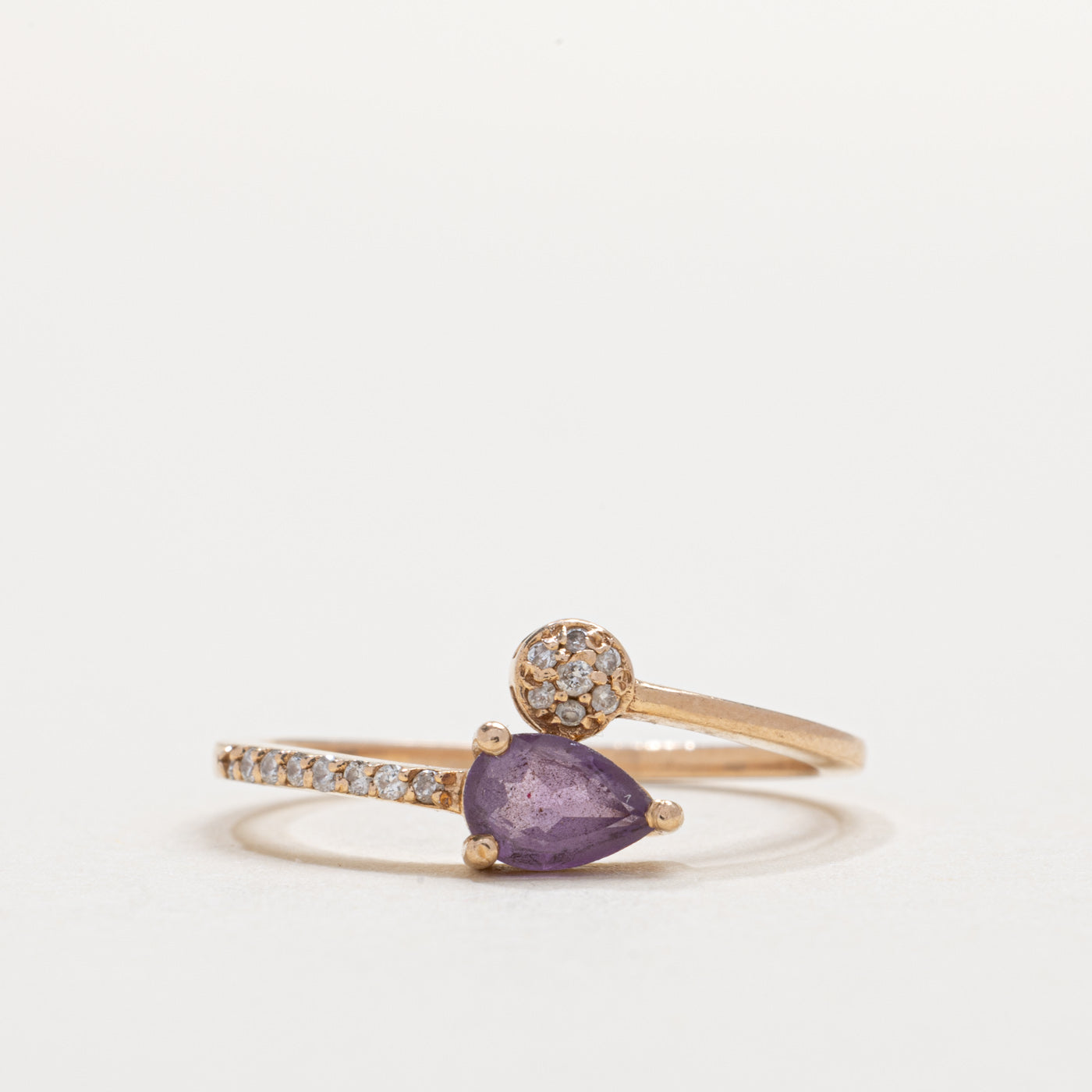14K Pear Cut Amethyst & Diamond Cluster Bypass Ring | SZ 6.5