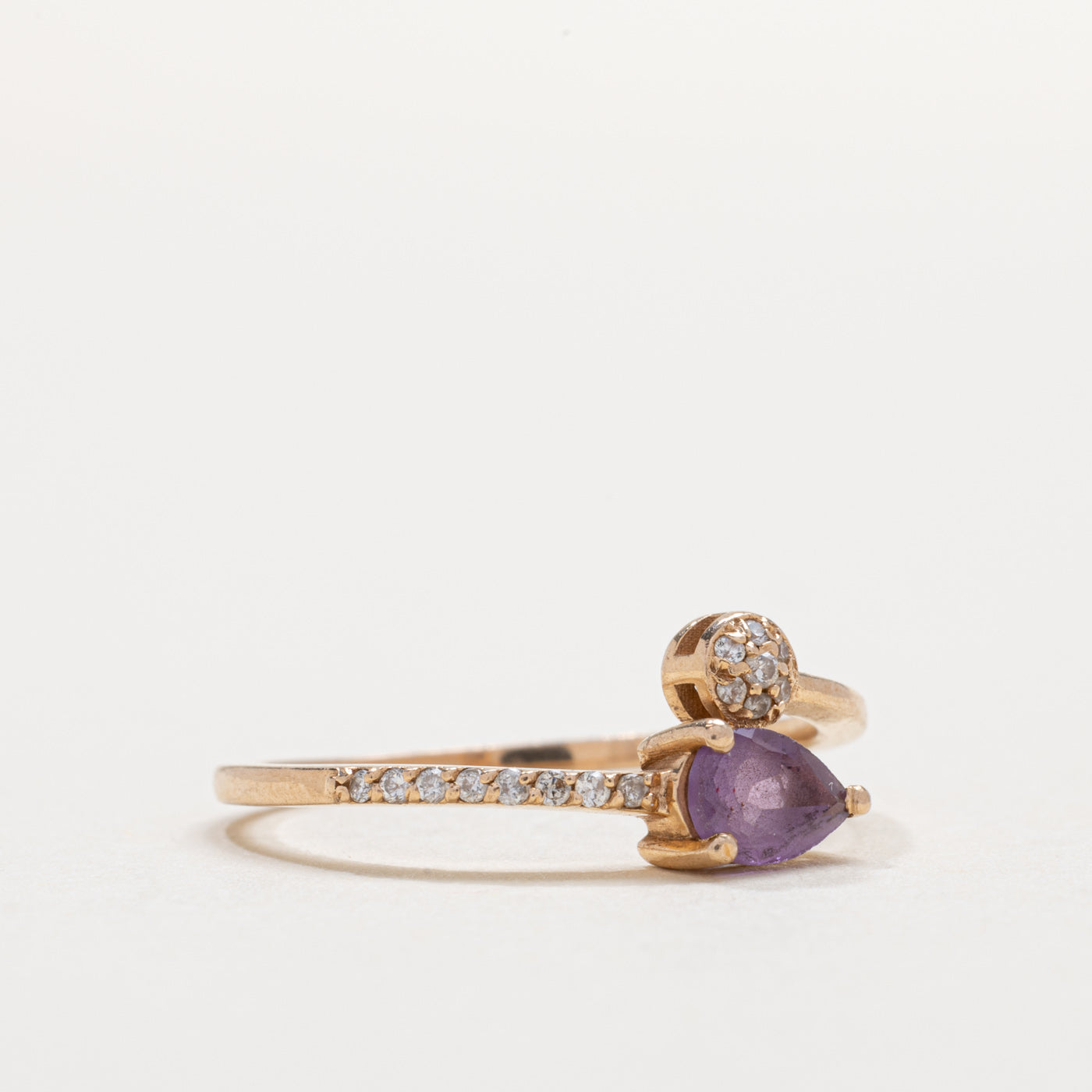 14K Pear Cut Amethyst & Diamond Cluster Bypass Ring | SZ 6.5