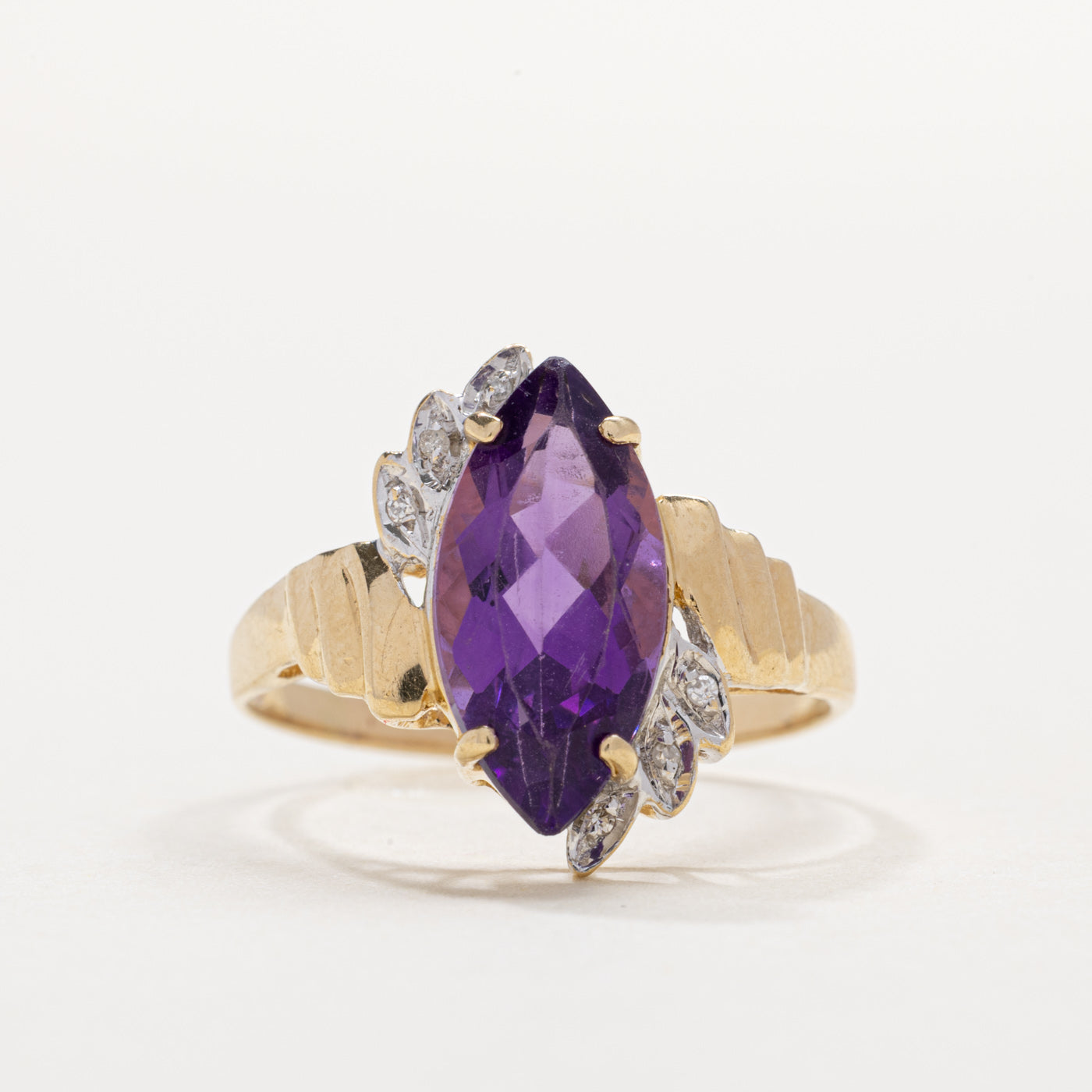 10K Marquise Cut Amethyst & Diamond Grooved Ring | SZ 8.5