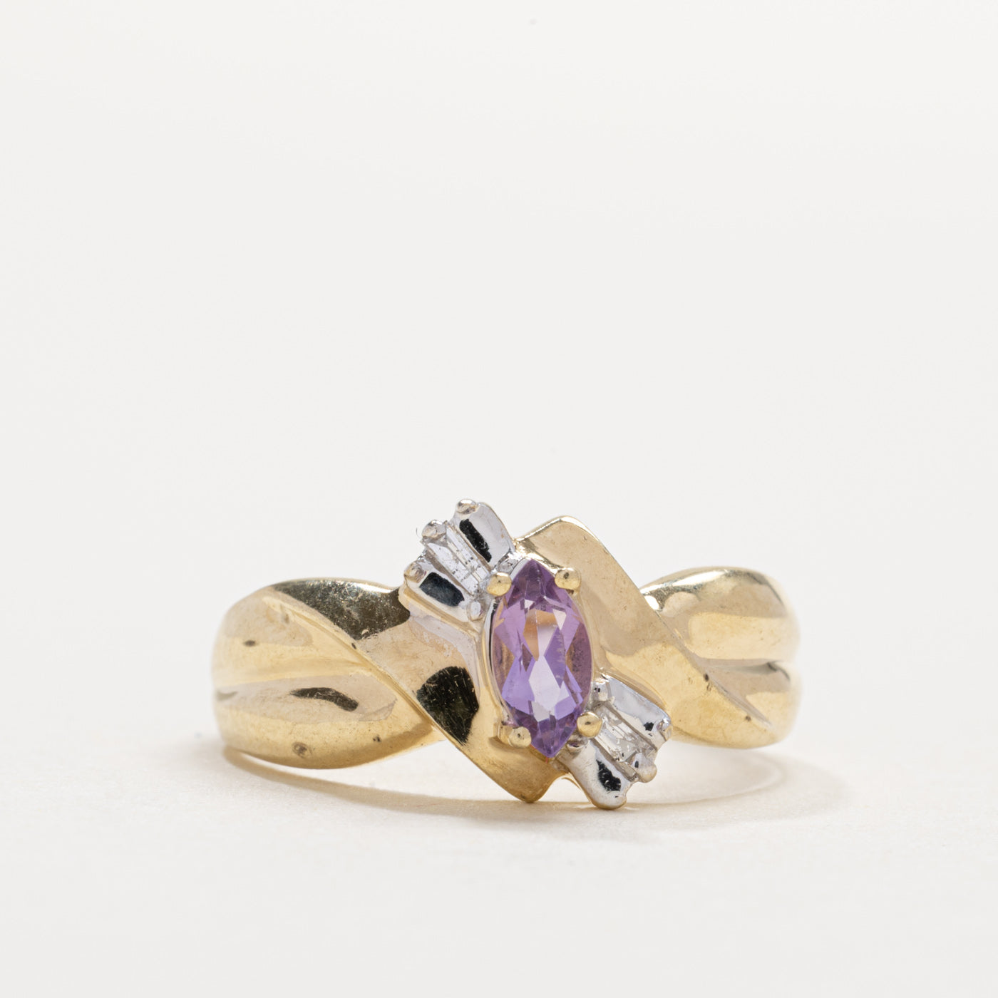 10K Marquise Cut Amethyst & Diamond Bow Bypass Ring | SZ 6.25