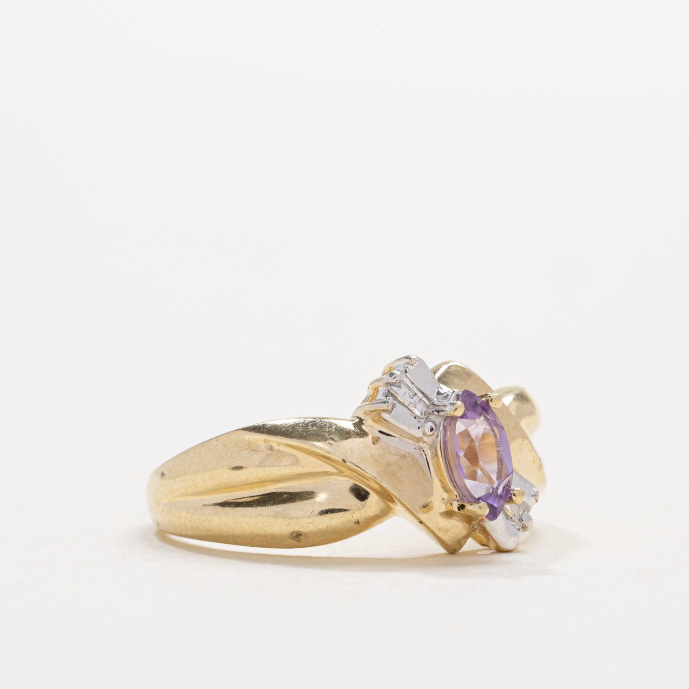Bague nœud papillon en or 10 carats avec améthyste taille marquise et diamants | Taille 6,25