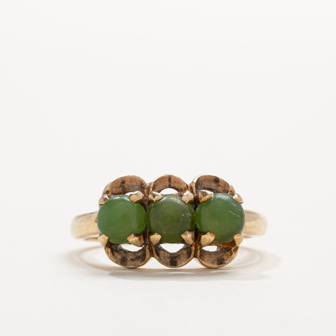 10K Three Stone Cabochon Nephrite Jade Ring | SZ 6.5