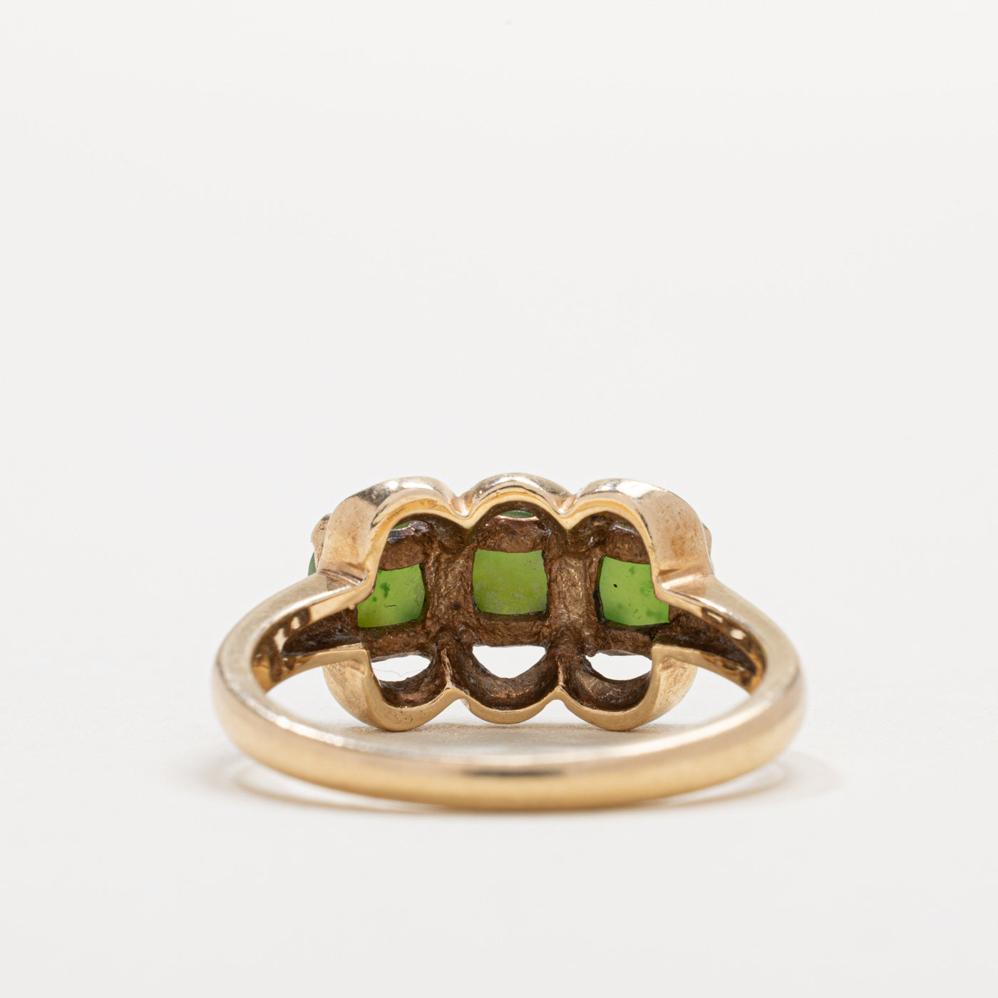 10K Three Stone Cabochon Nephrite Jade Ring | SZ 6.5