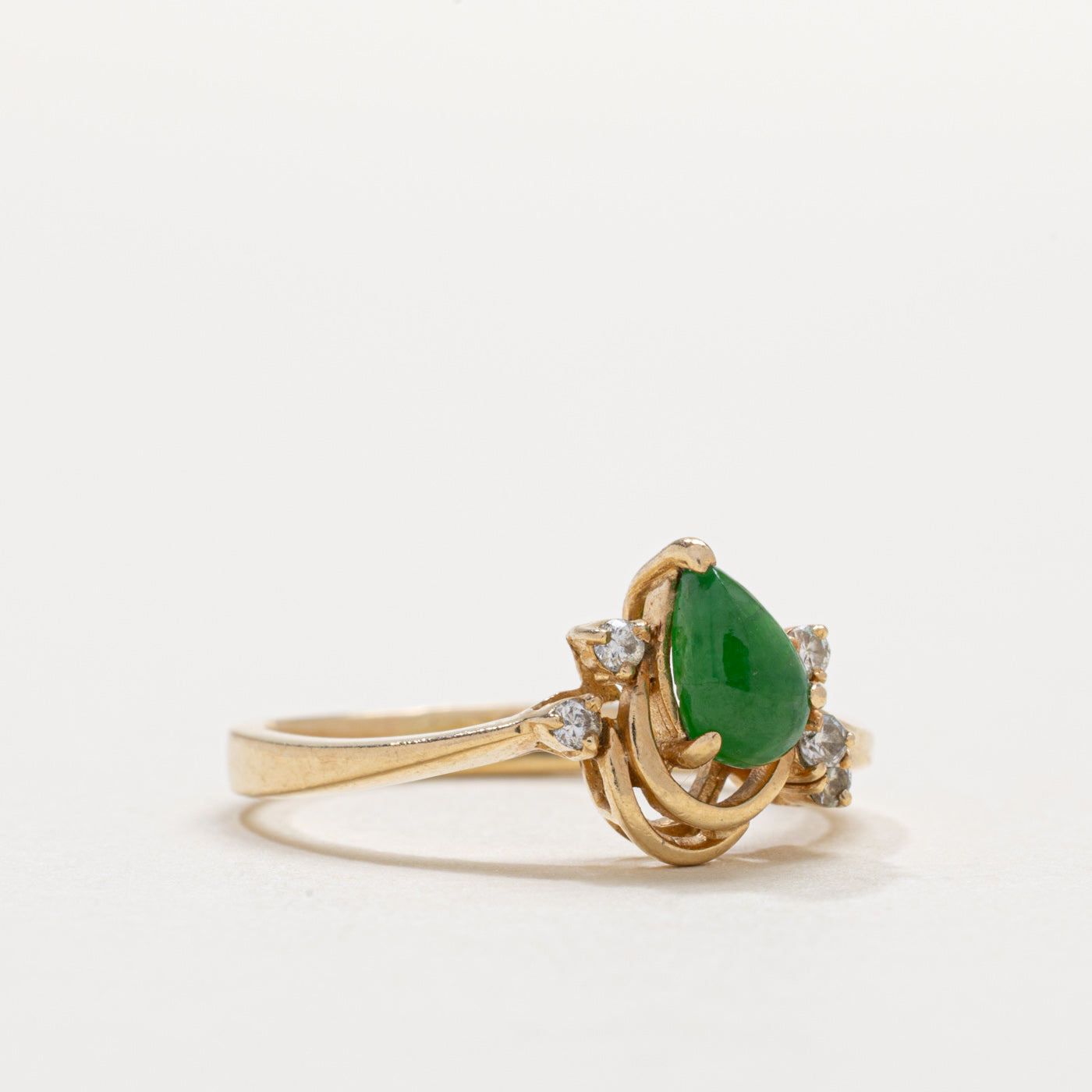 14K Pear Cabochon Jadeite & Diamond Accented Ring | SZ 5.0