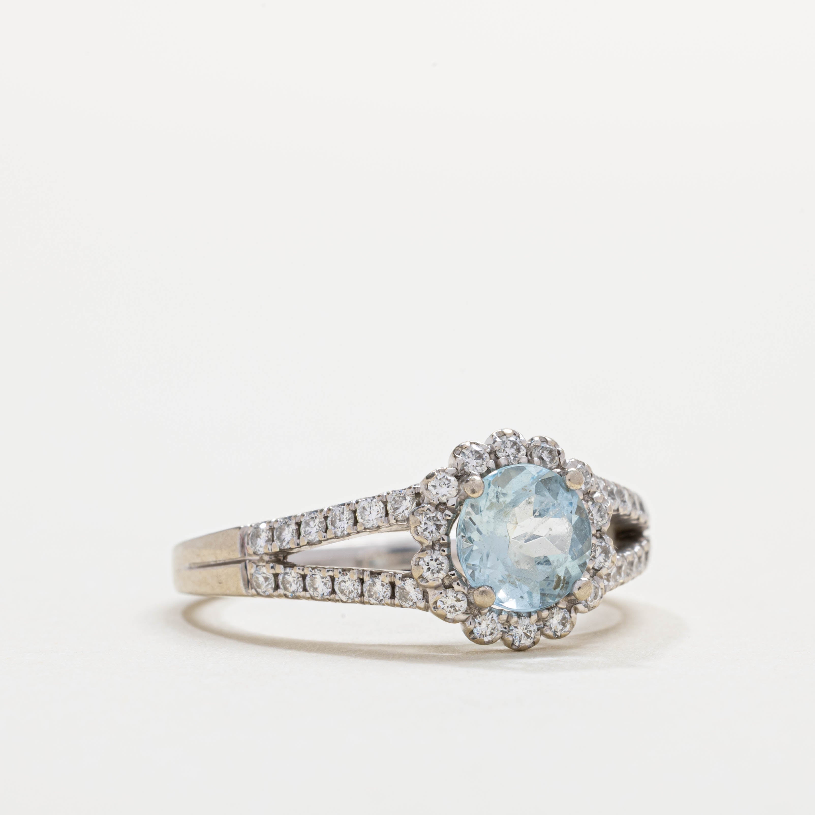 Bague halo pétales en or 14 carats avec aigue-marine et diamants | 0,62 ct, 0,26 ct au total | Taille 7