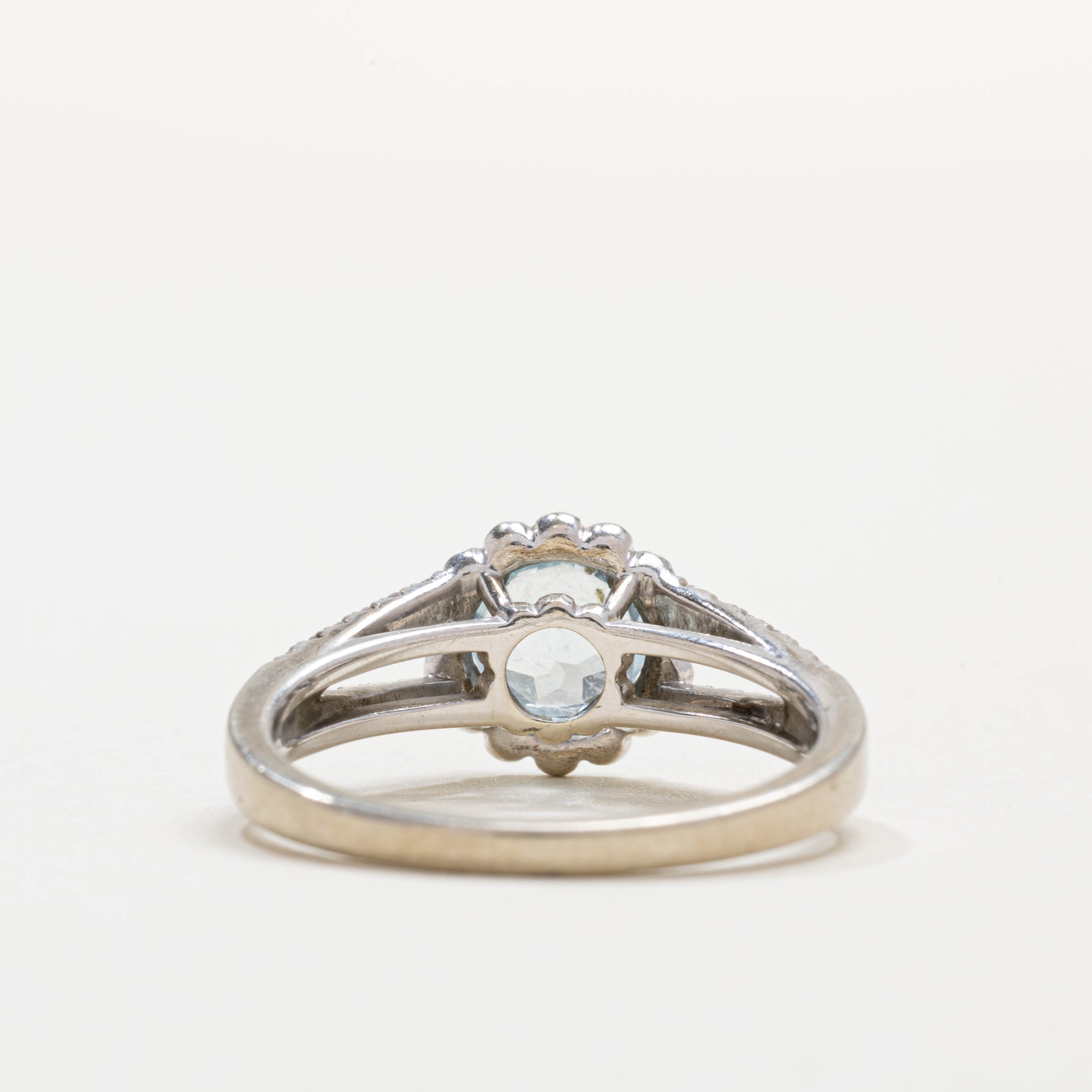 Bague halo pétales en or 14 carats avec aigue-marine et diamants | 0,62 ct, 0,26 ct au total | Taille 7