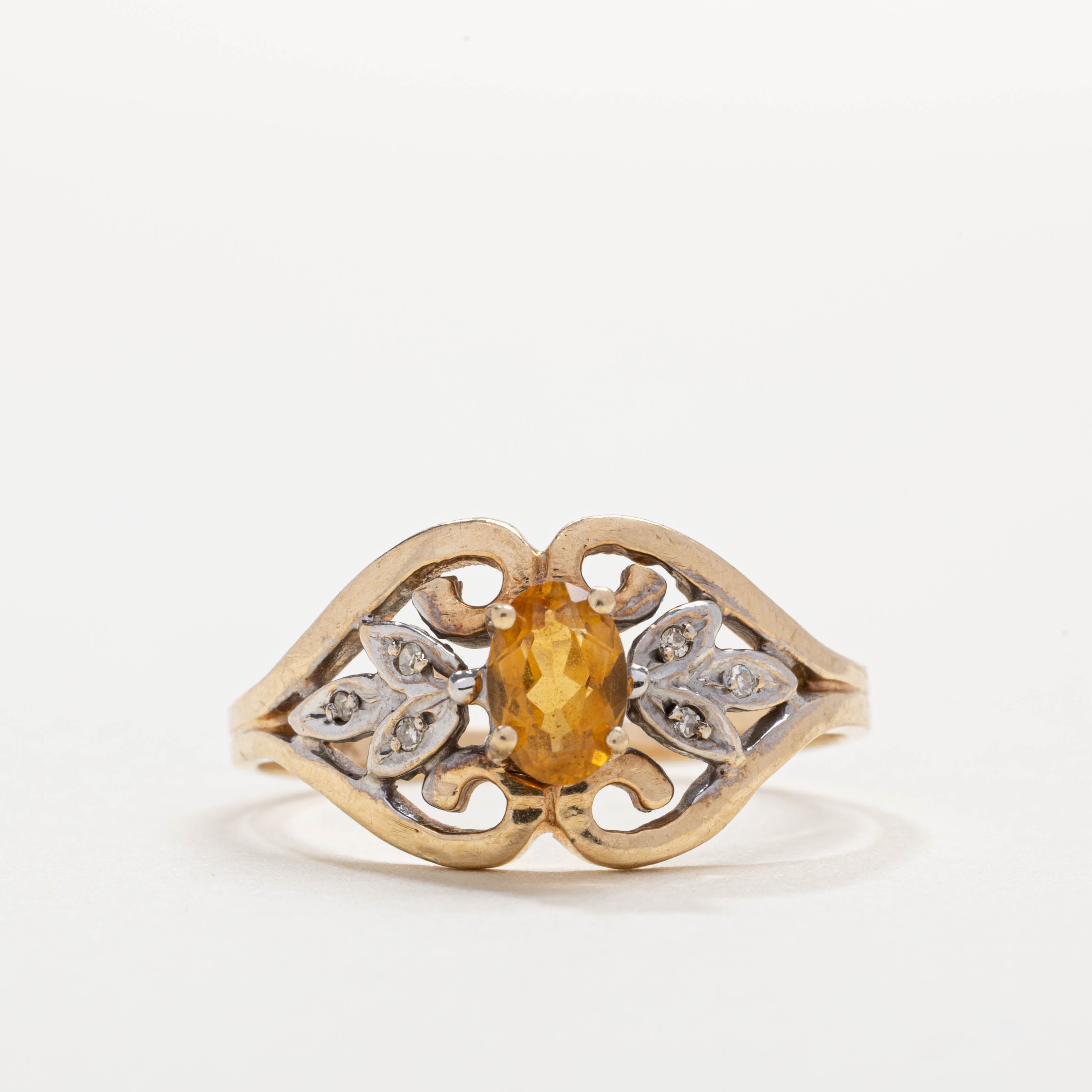 Bague florale feuillue en or 10 carats, citrine ovale et diamants | Taille 8