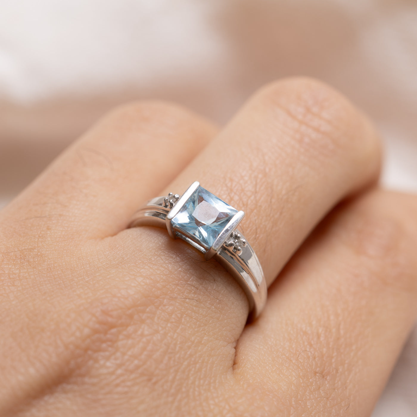 10K Princess Cut Blue Topaz & Diamond Ring | SZ 7.0