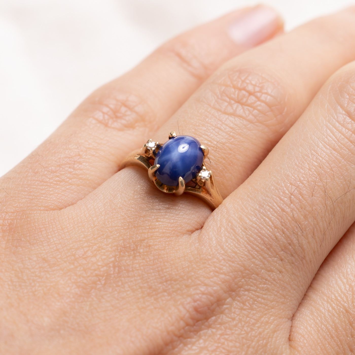 10K Cabochon Synthetic Sapphire & Diamond Accented Ring | SZ 6.0