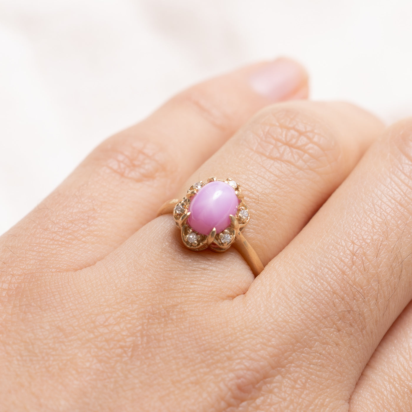 10K Cabochon Synthetic Star Ruby & Natural Diamond Ring | SZ 4.75