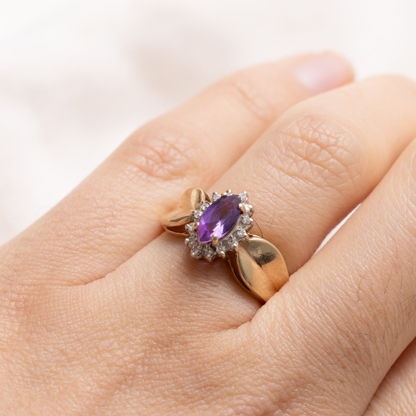 10K Marquise Cut Amethyst & Diamond Petal Halo Ring | SZ 5.75