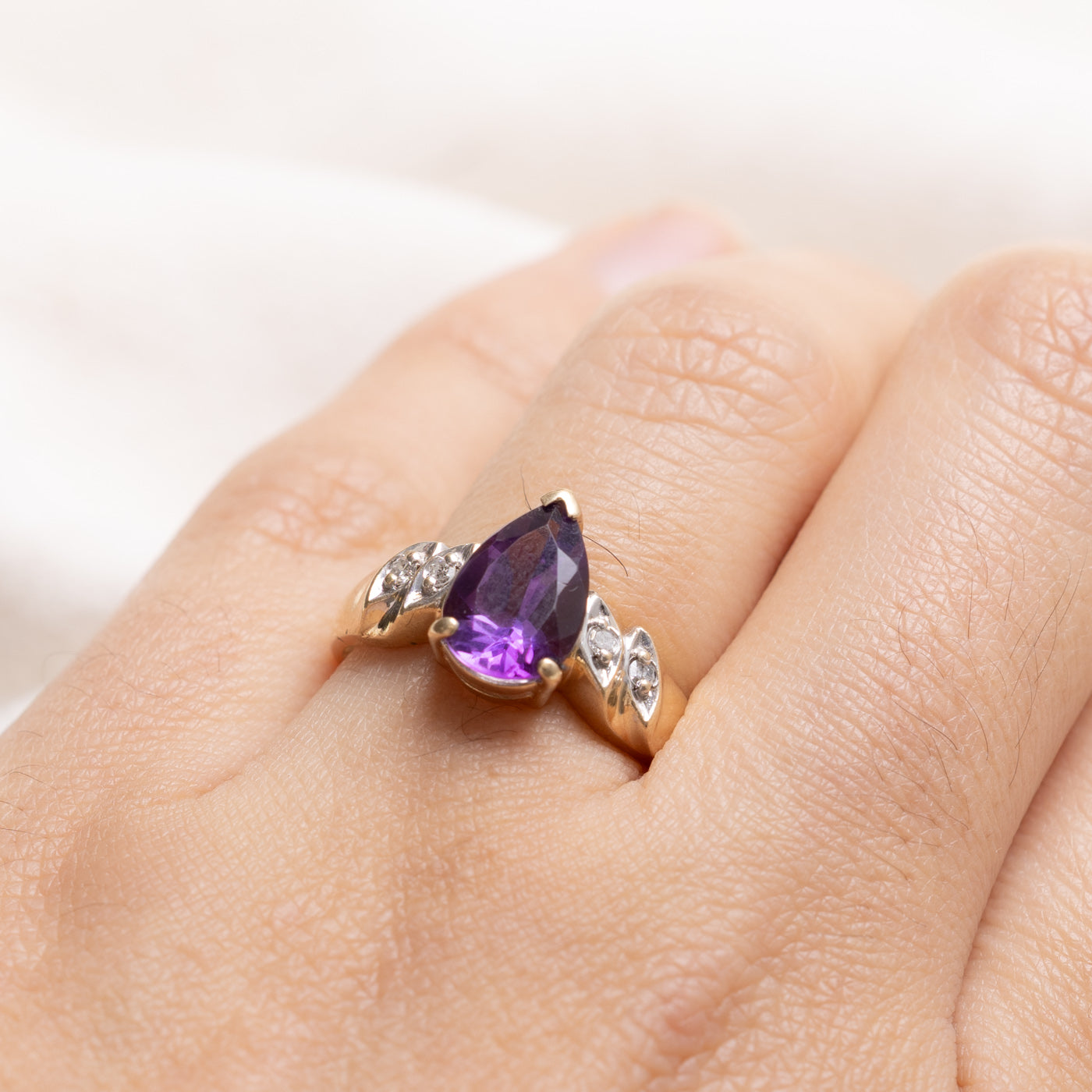 10K Pear Cut Amethyst & Diamond Accented Ring | SZ 6.25