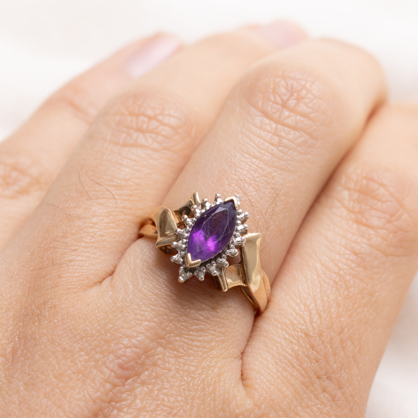 10K Marquise Cut Amethyst & Diamond Petal Halo Ring | SZ 7.0