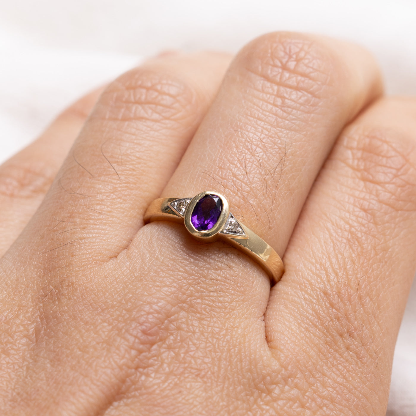 10K Bezel Set Oval Cut Amethyst & Diamond Accented Ring | SZ 7.25
