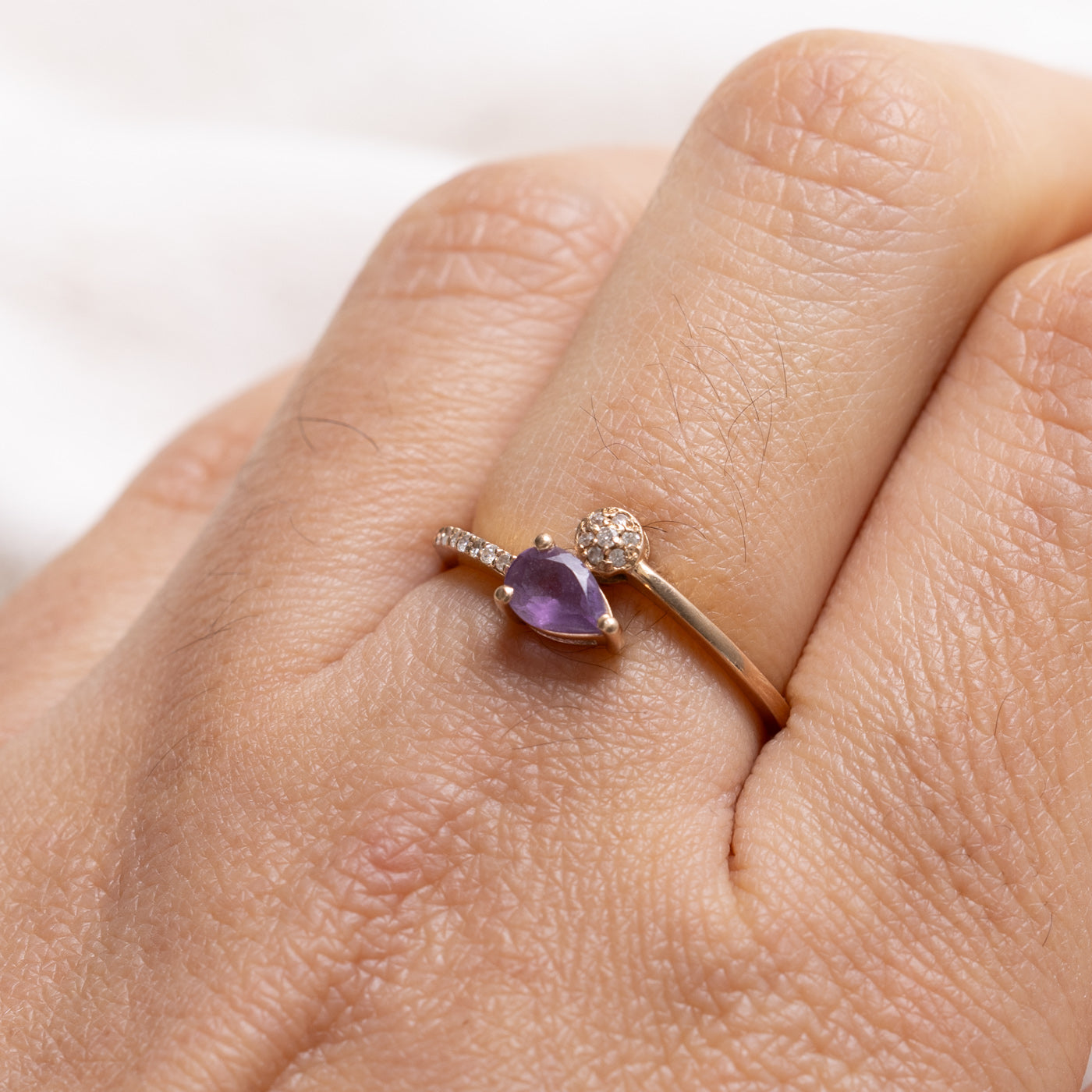 14K Pear Cut Amethyst & Diamond Cluster Bypass Ring | SZ 6.5