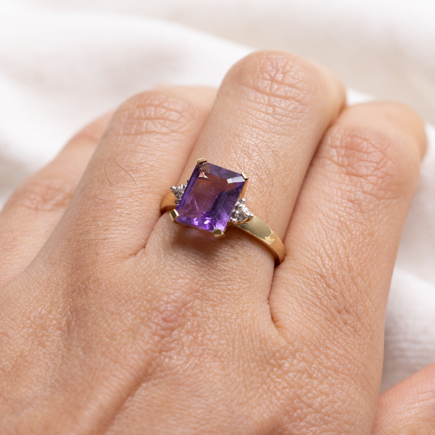 10K Emerald Cut Amethyst & Diamond Accented Ring | SZ 7.0