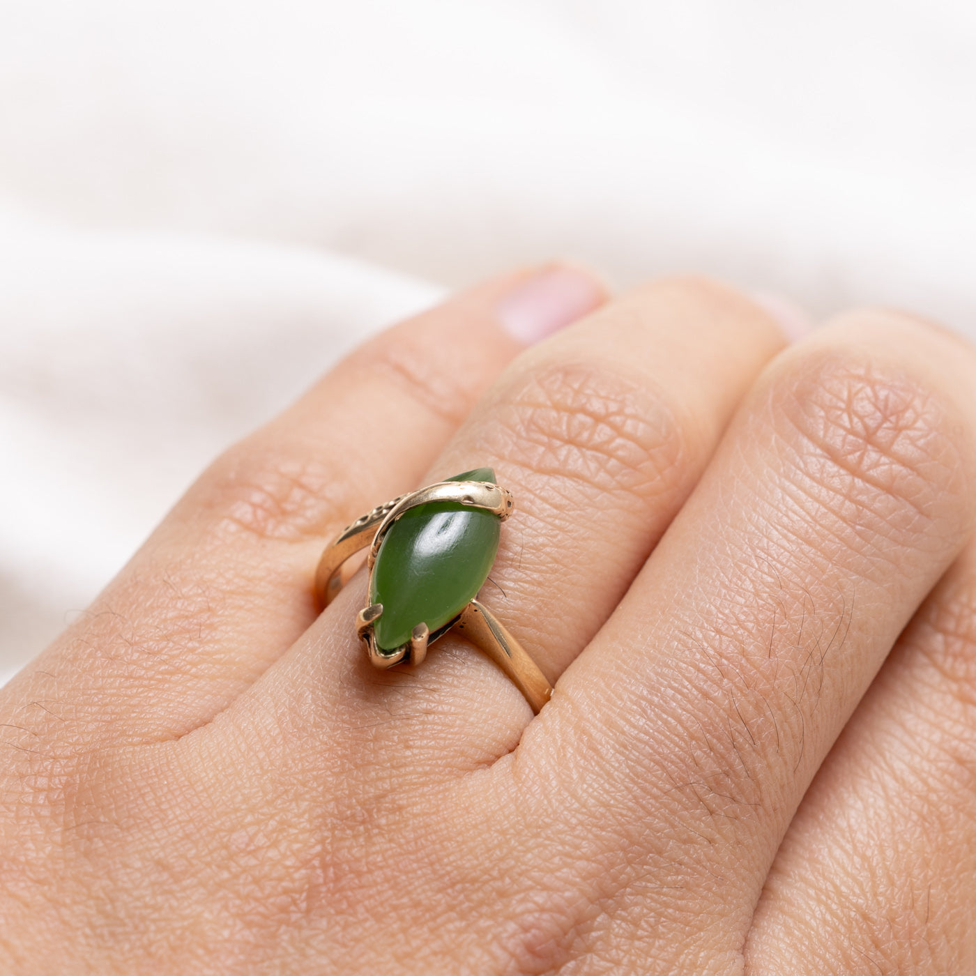 10K Marquise Cabochon Nephrite Jade Abstract Ring | SZ 6.5