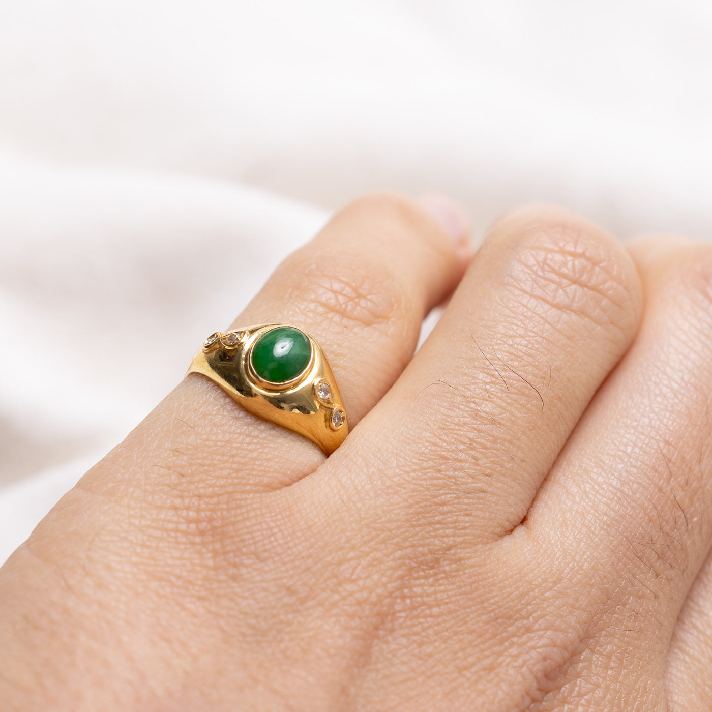 14K Cabochon Jadeite & Diamond Accented Ring | SZ 3.75