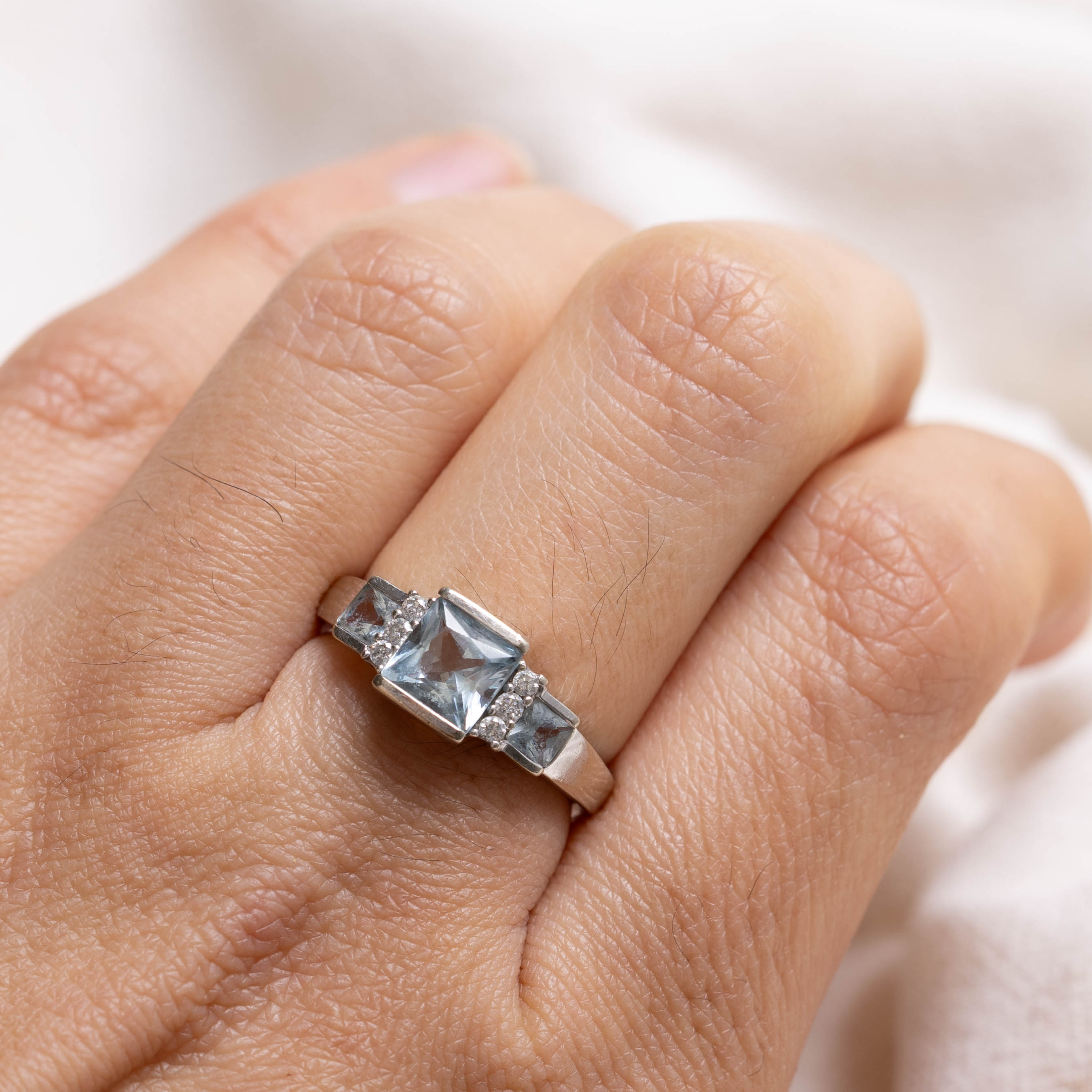 10K Princess Cut Aquamarine & Diamond Accented Ring | 1.25ctw, 0.06ctw | SZ 5.5