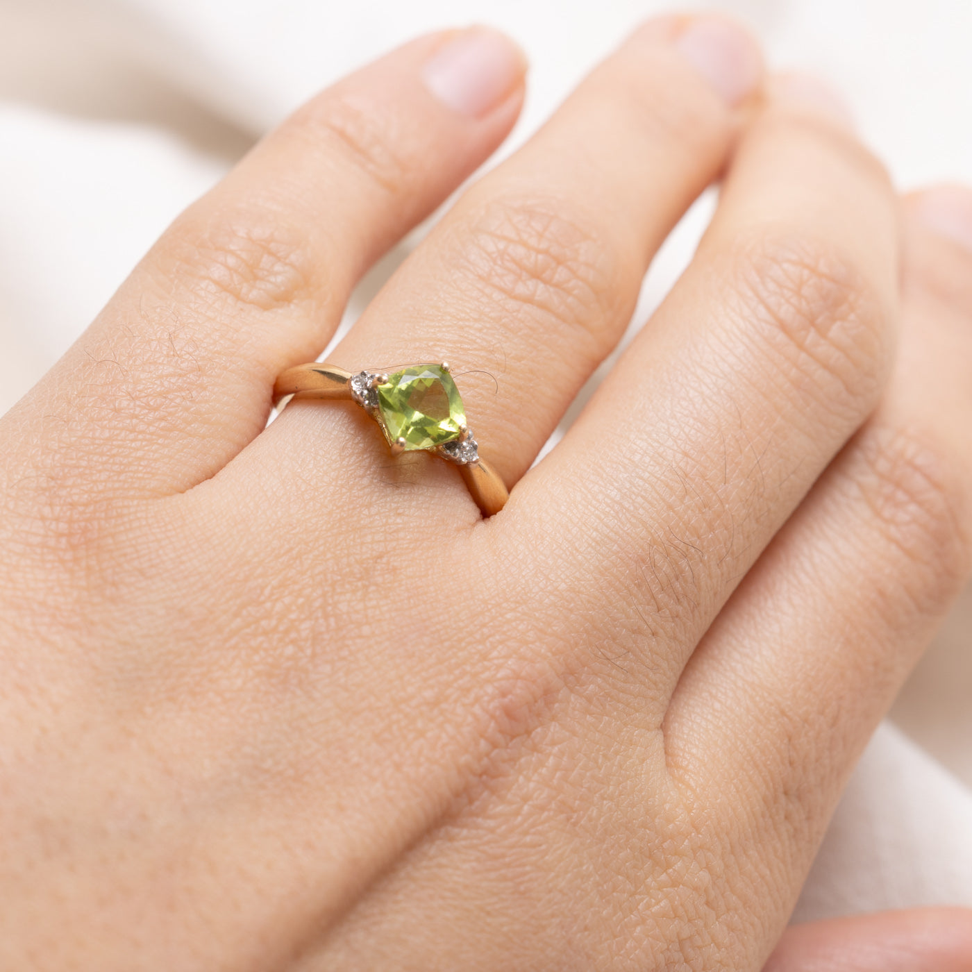 14K Square Cut Peridot & Diamond Accented Ring | SZ 6.5