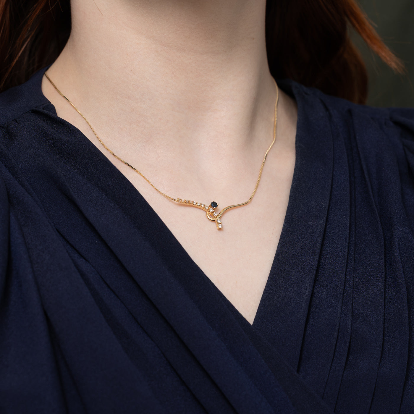 14K Sapphire & Diamond Chevron Pendant Necklace | 15"