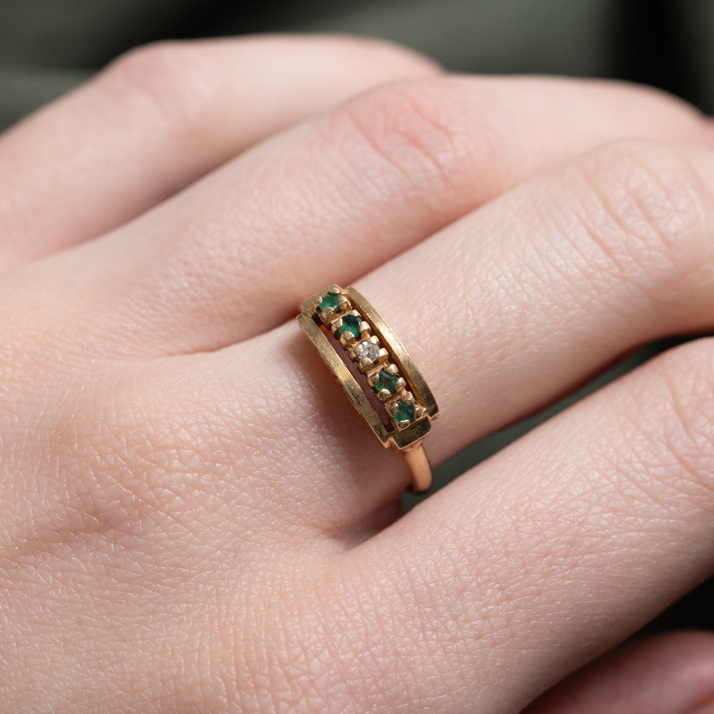 14k Five Stone Emerald & Diamond Bar Ring | SZ 6.5