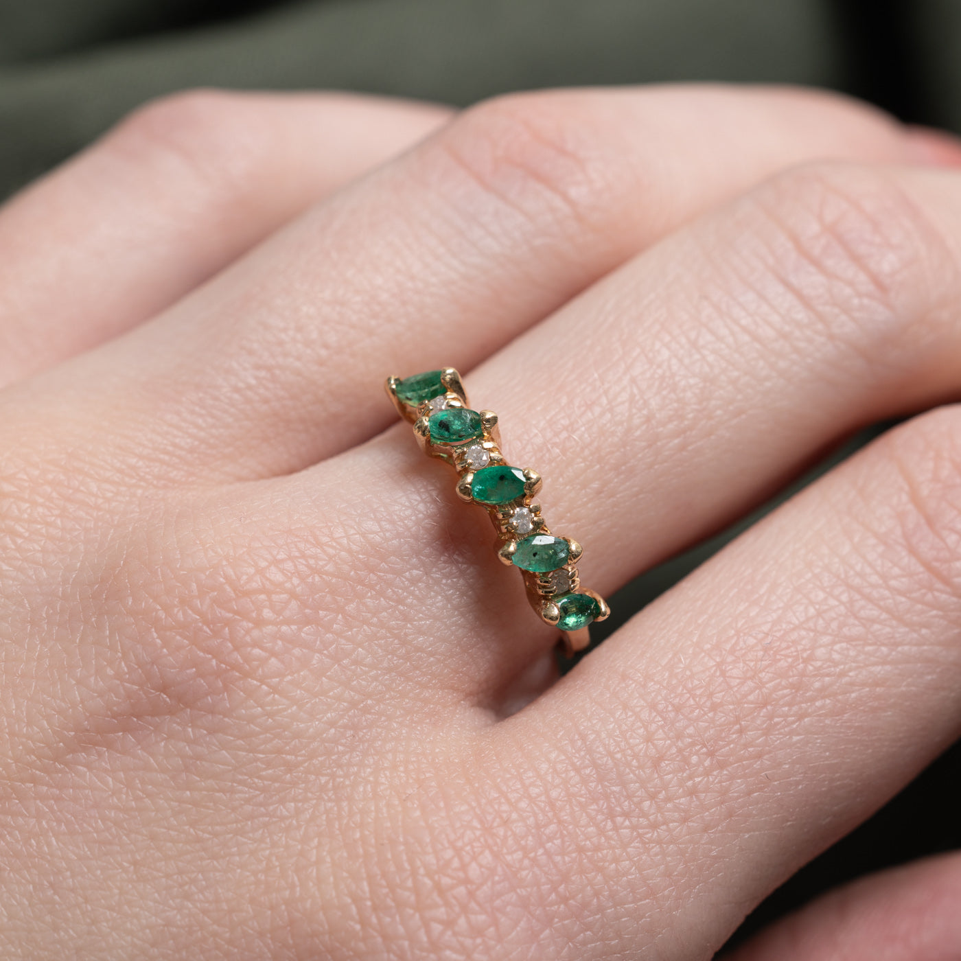 14k Semi Eternity Marquise Cut Emerald & Diamond Ring | SZ 7.25