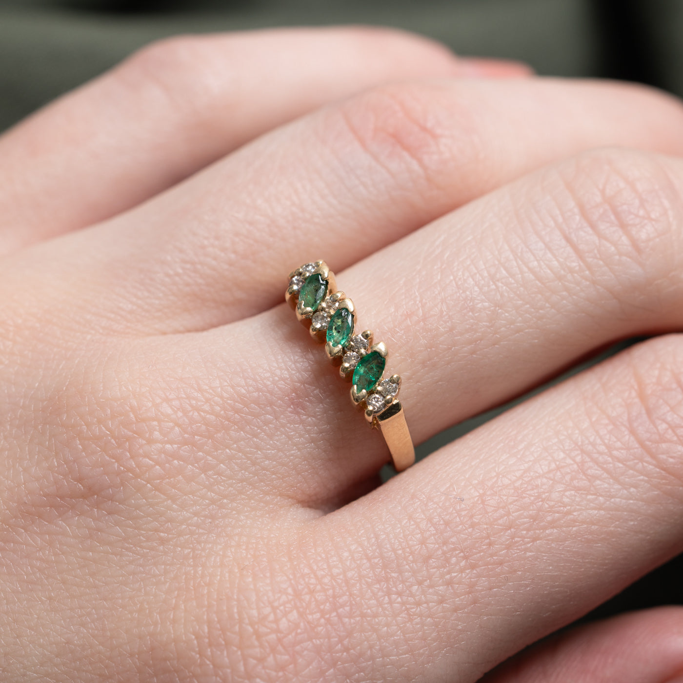 14k Three Stone Marquise Cut Emerald & Diamond Accented Ring | SZ 6.5