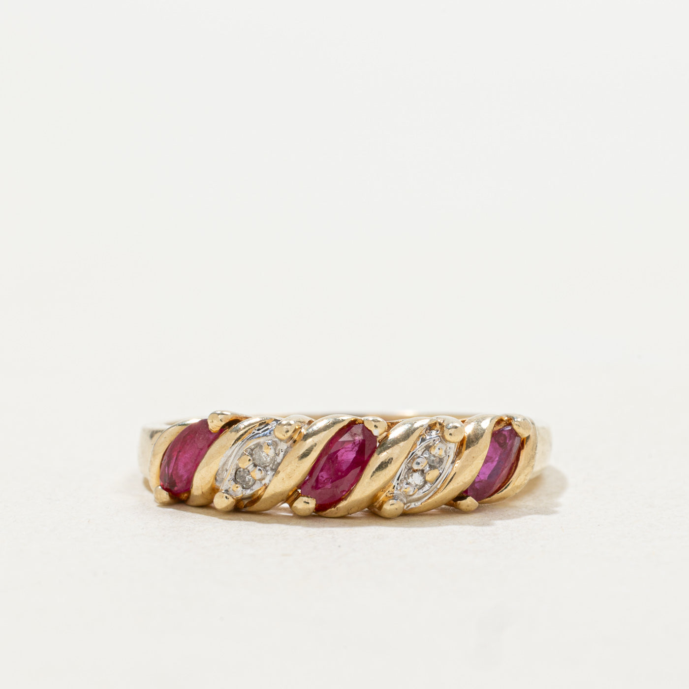 10k Three Stone Marquise Cut Ruby & Diamond Band | SZ 8.75