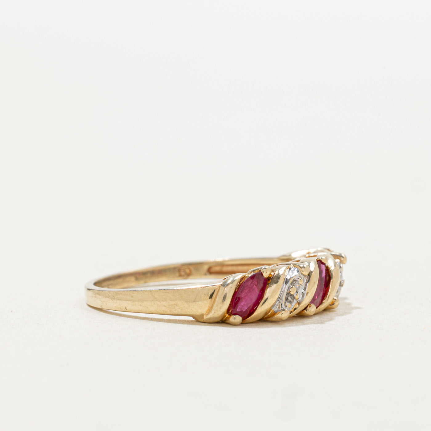 10k Three Stone Marquise Cut Ruby & Diamond Band | SZ 8.75