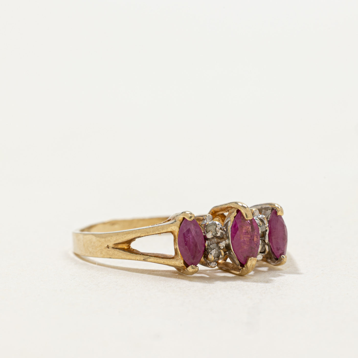 10k Three Stone Marquise Cut Ruby & Diamond Accented Ring | SZ 8.25