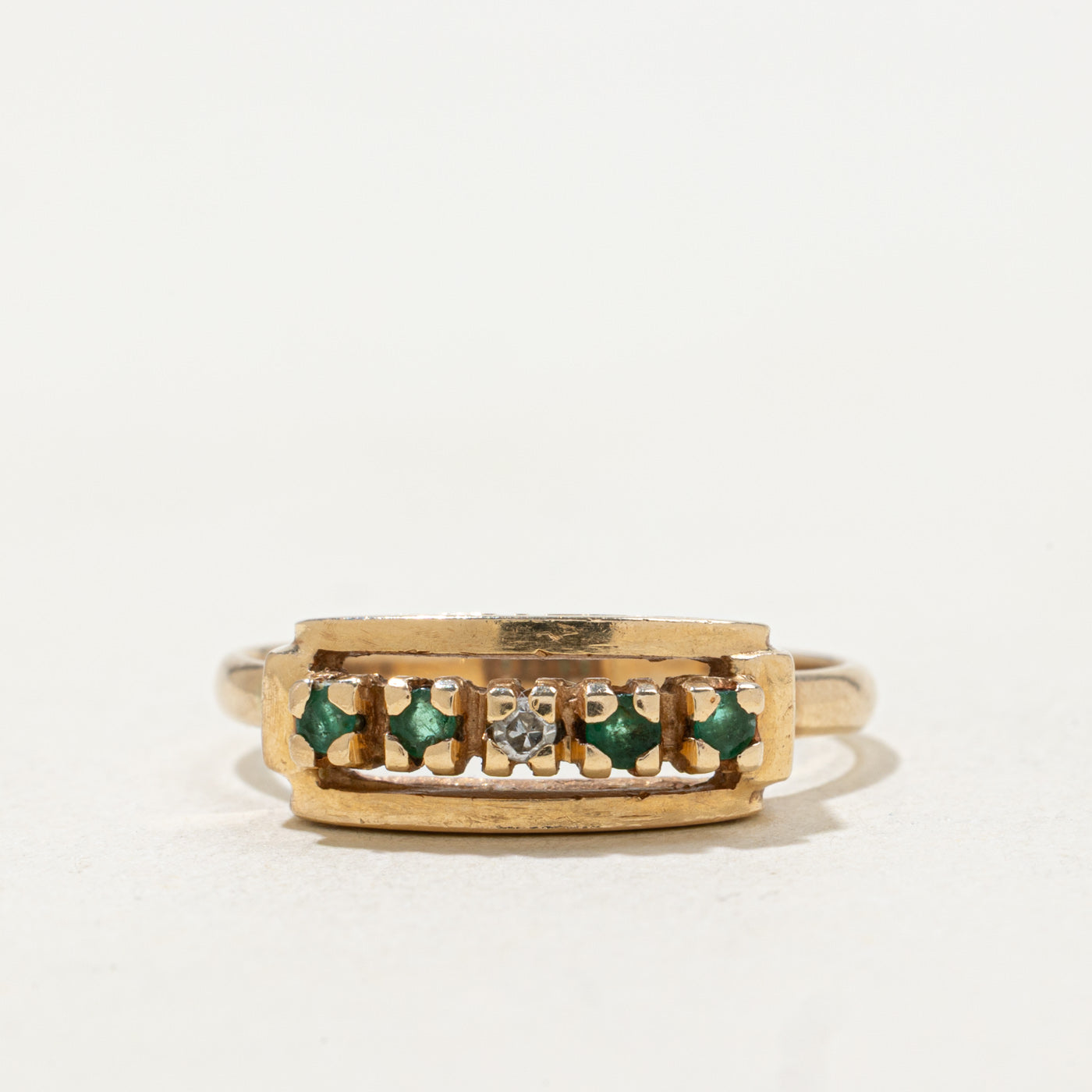 14k Five Stone Emerald & Diamond Bar Ring | SZ 6.5