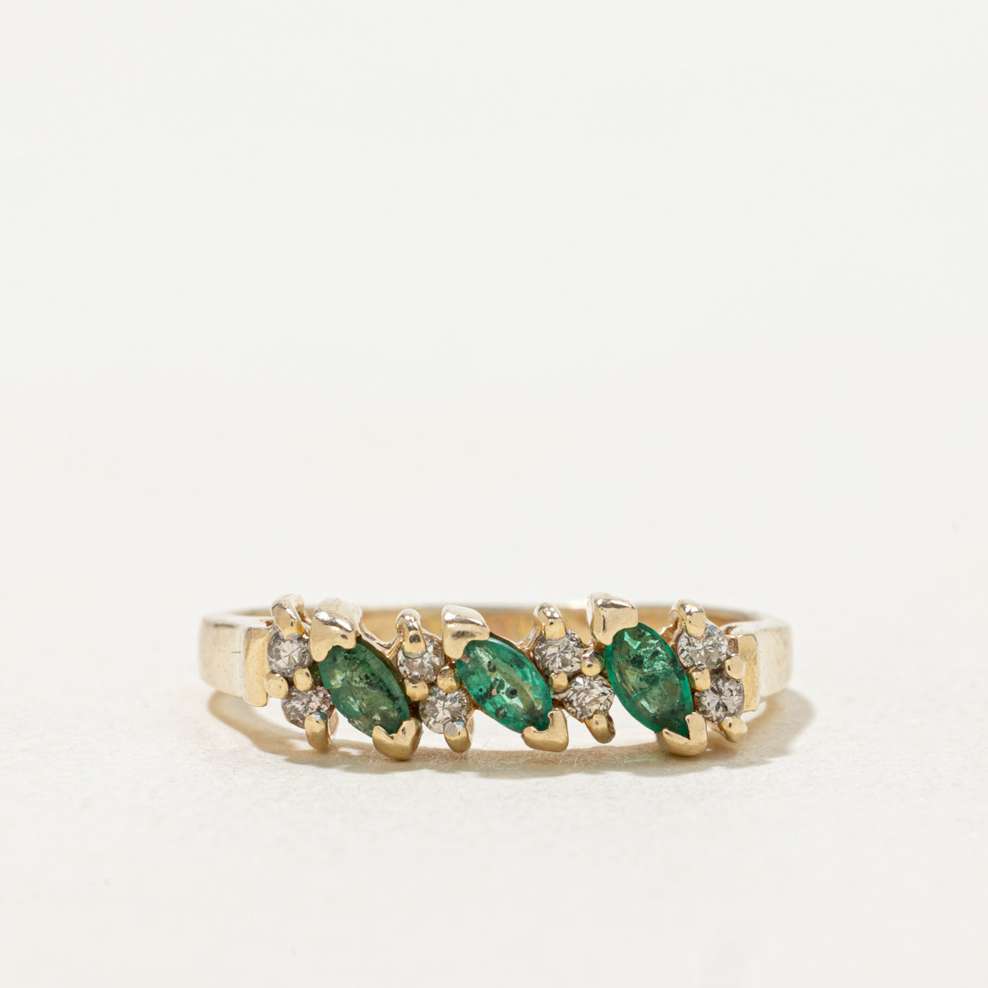 14k Three Stone Marquise Cut Emerald & Diamond Accented Ring | SZ 6.5