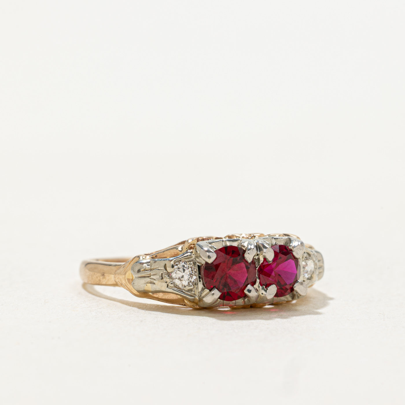 14k Two Stone Synthetic Ruby & Diamond Engraved Ring | SZ 6.25