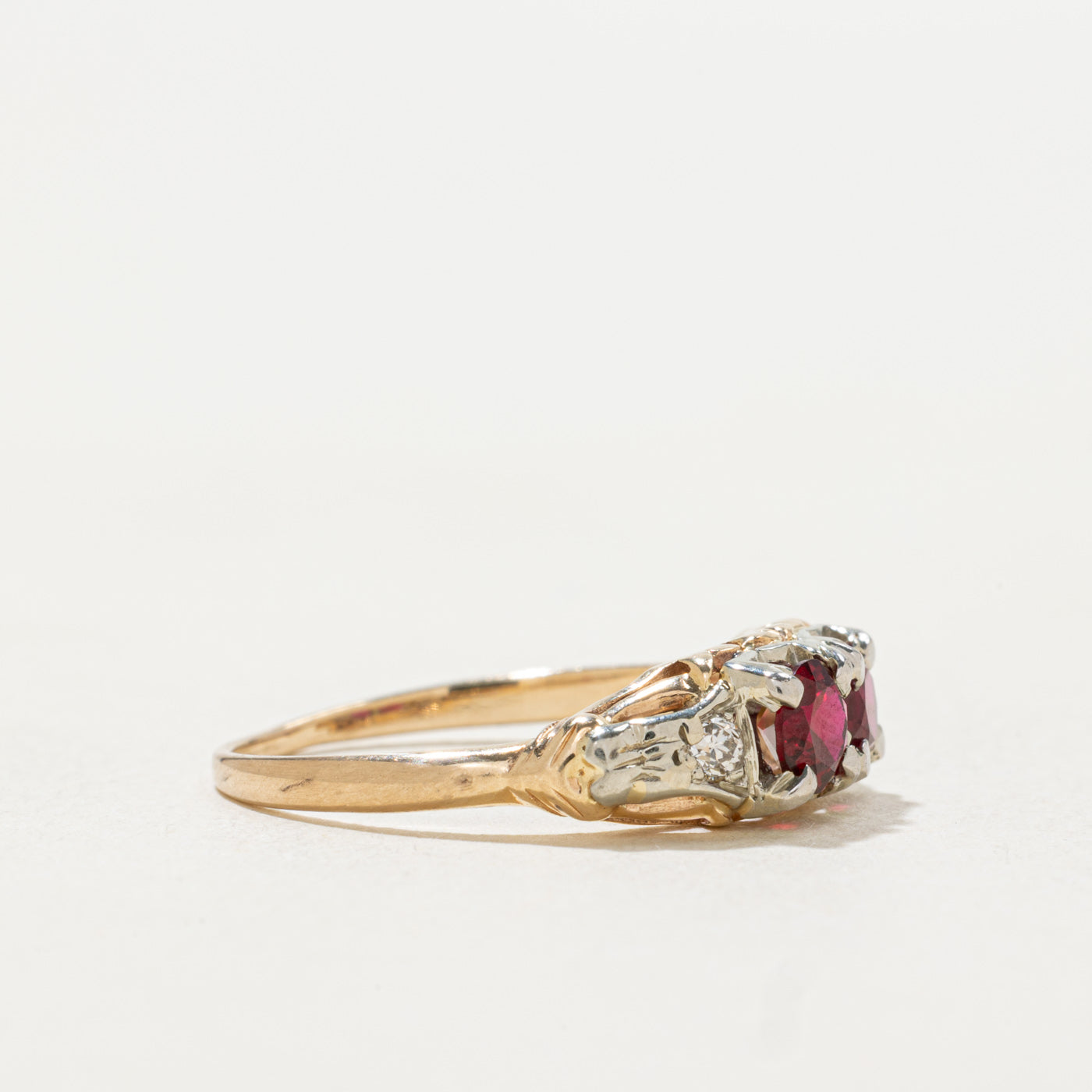 14k Two Stone Synthetic Ruby & Diamond Engraved Ring | SZ 6.25