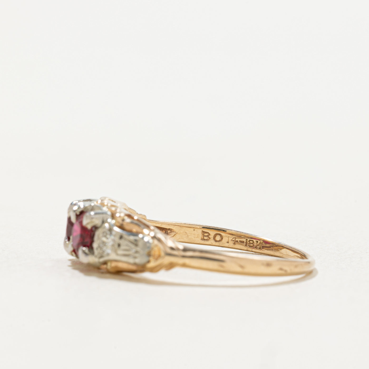 14k Two Stone Synthetic Ruby & Diamond Engraved Ring | SZ 6.25