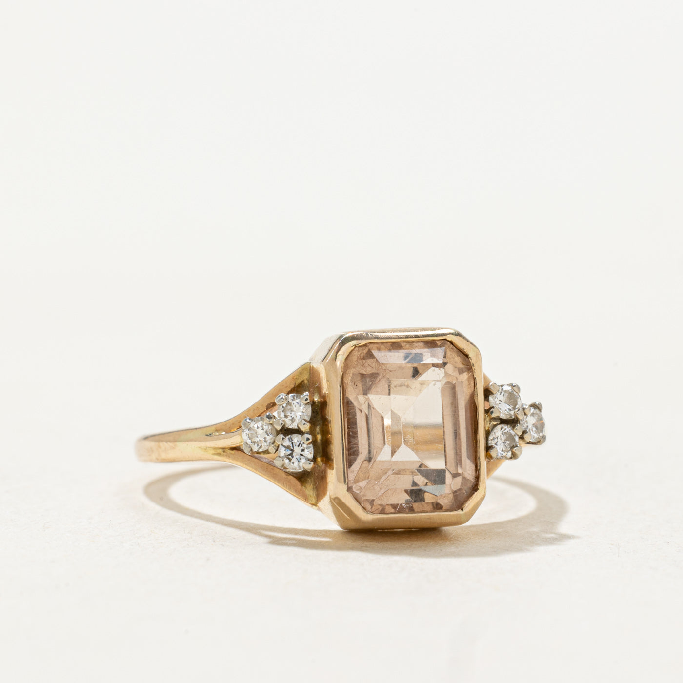 14k Bezel Set Emerald Cut Pink Topaz & Diamond Accented Ring | SZ 7.0